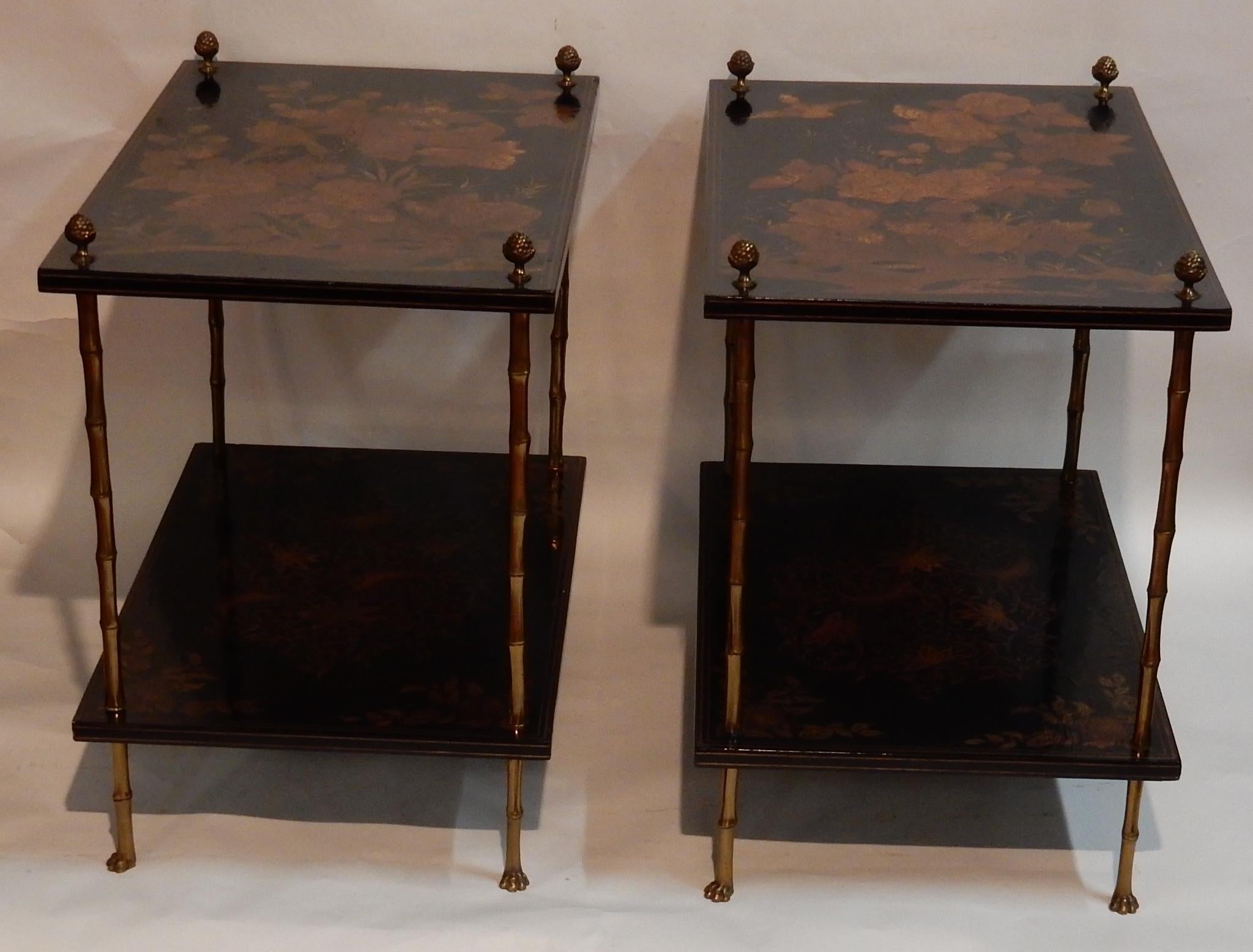 Neoclassical 1950 Pair of Tables Style Maison Bagués Golden Bronze, Trays China Lacquer