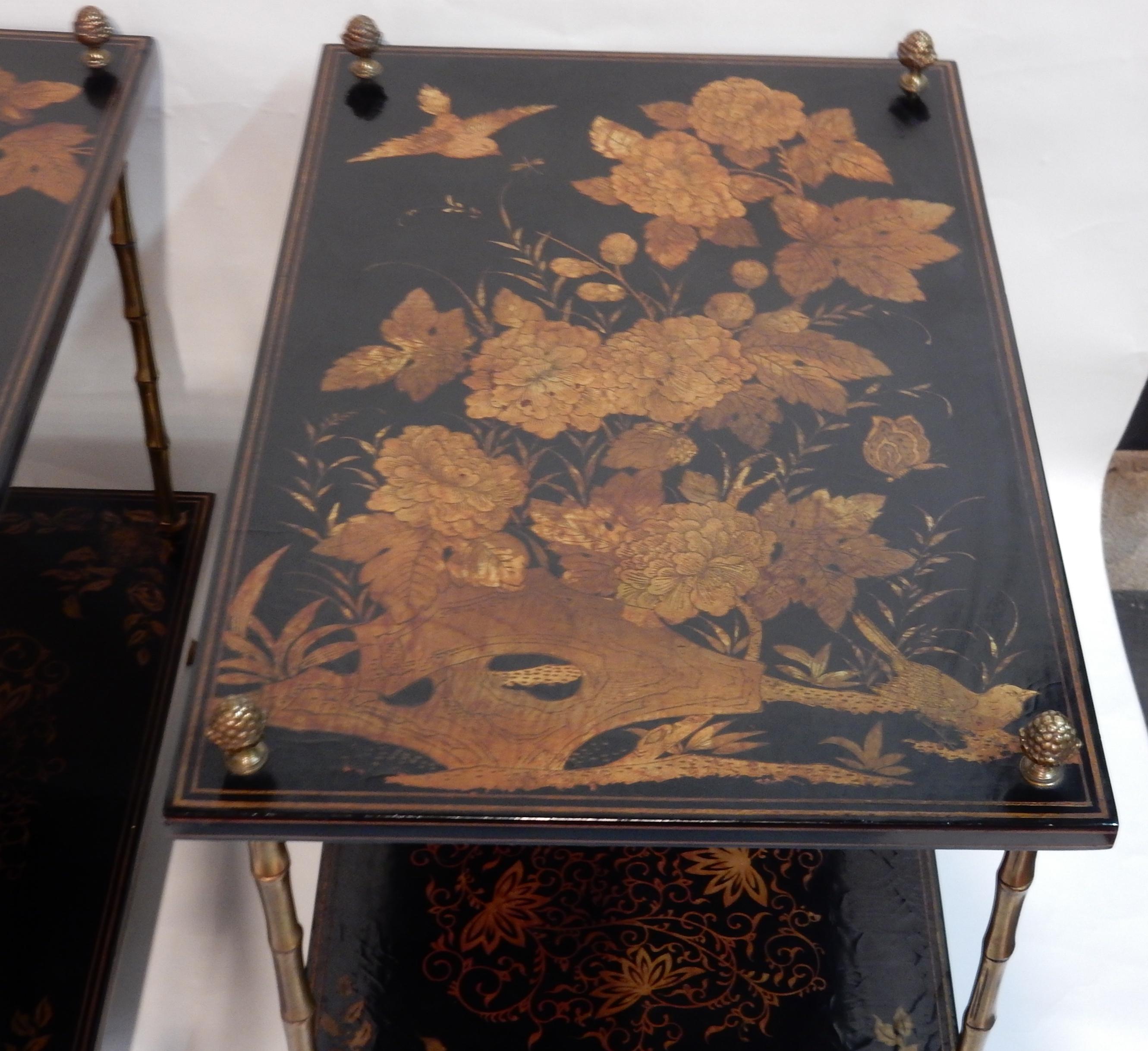 Lacquered 1950 Pair of Tables Style Maison Bagués Golden Bronze, Trays China Lacquer