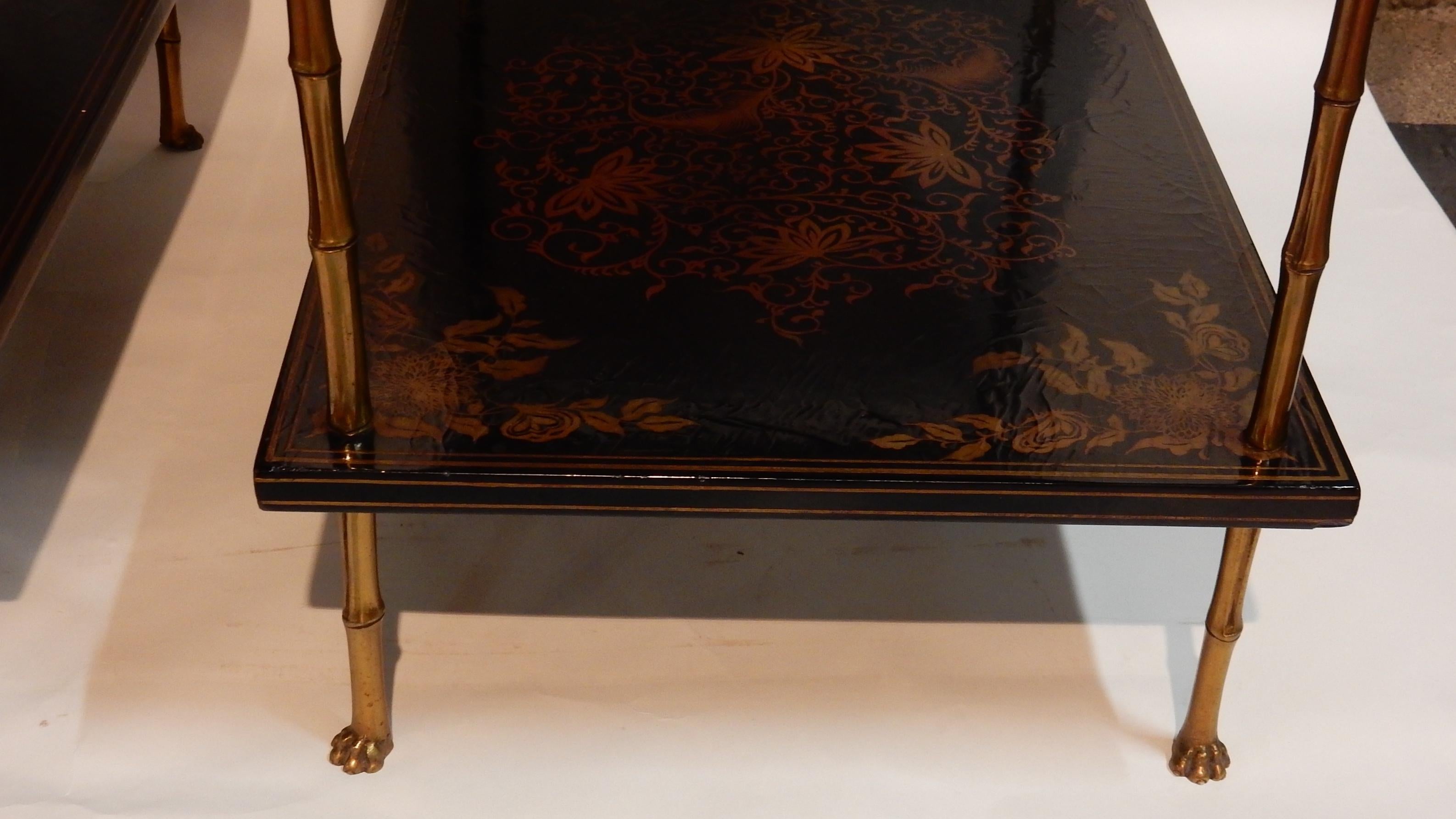 Late 20th Century 1950 Pair of Tables Style Maison Bagués Golden Bronze, Trays China Lacquer