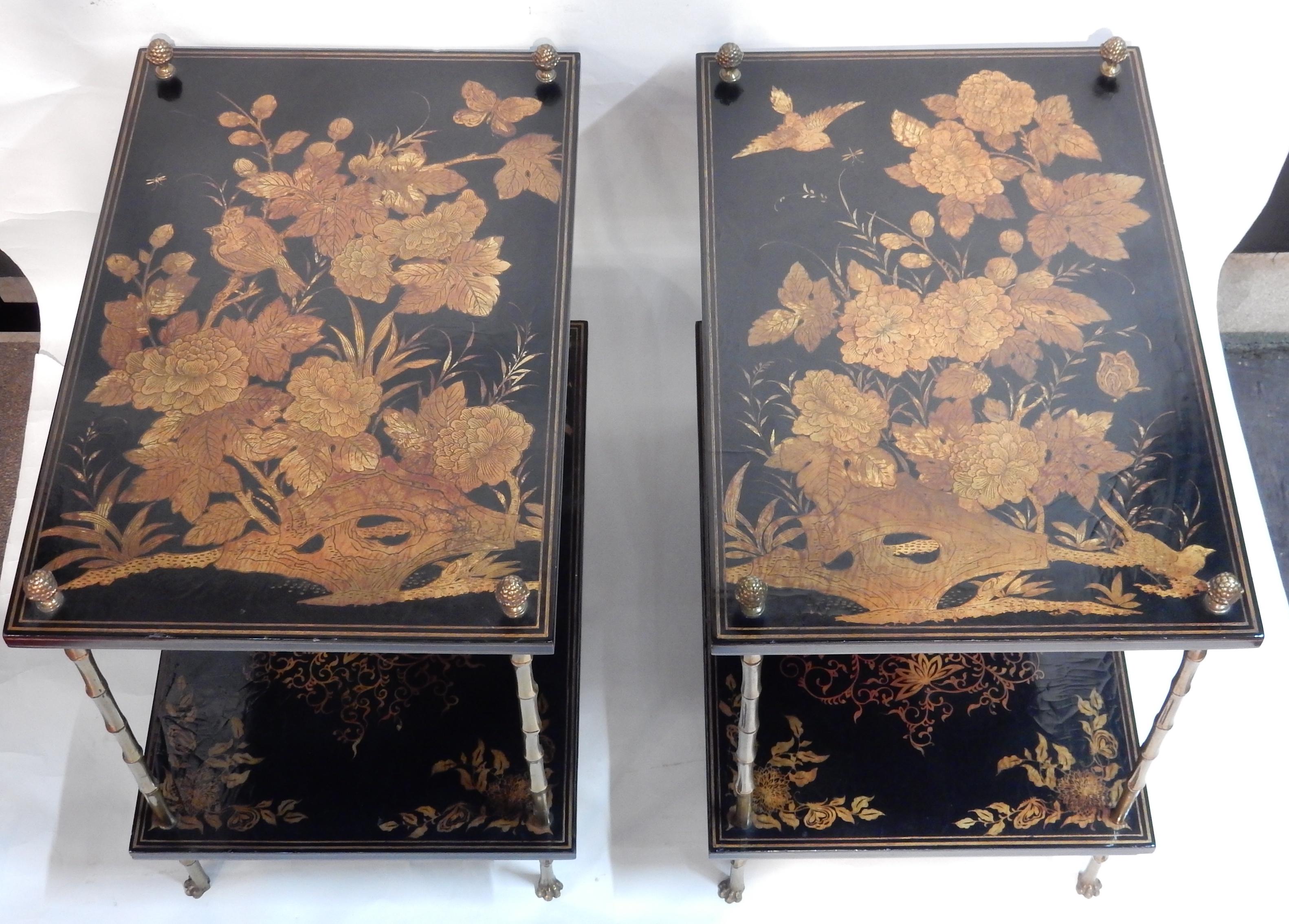 1950 Pair of Tables Style Maison Bagués Golden Bronze, Trays China Lacquer 1