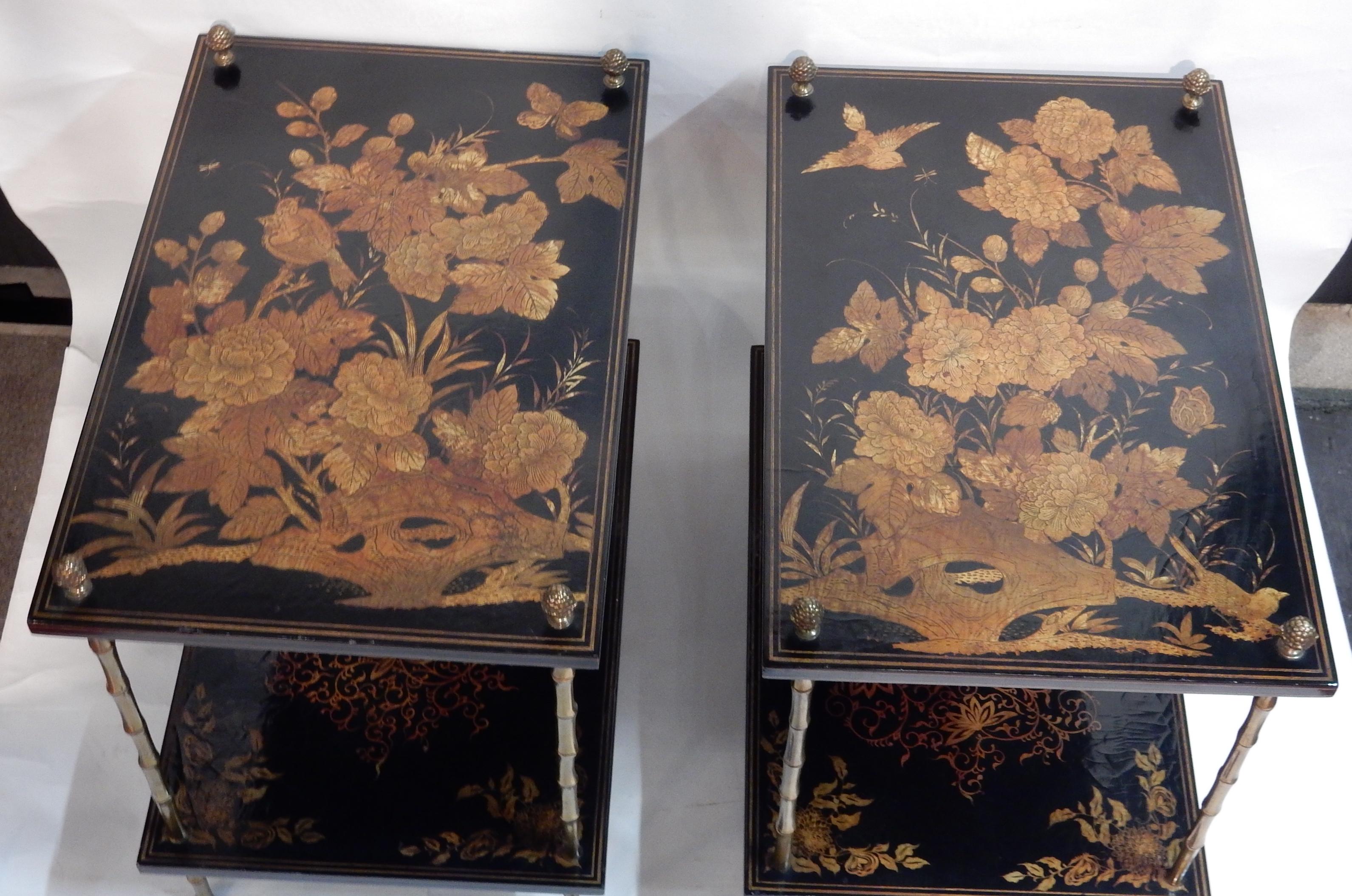 1950 Pair of Tables Style Maison Bagués Golden Bronze, Trays China Lacquer 2