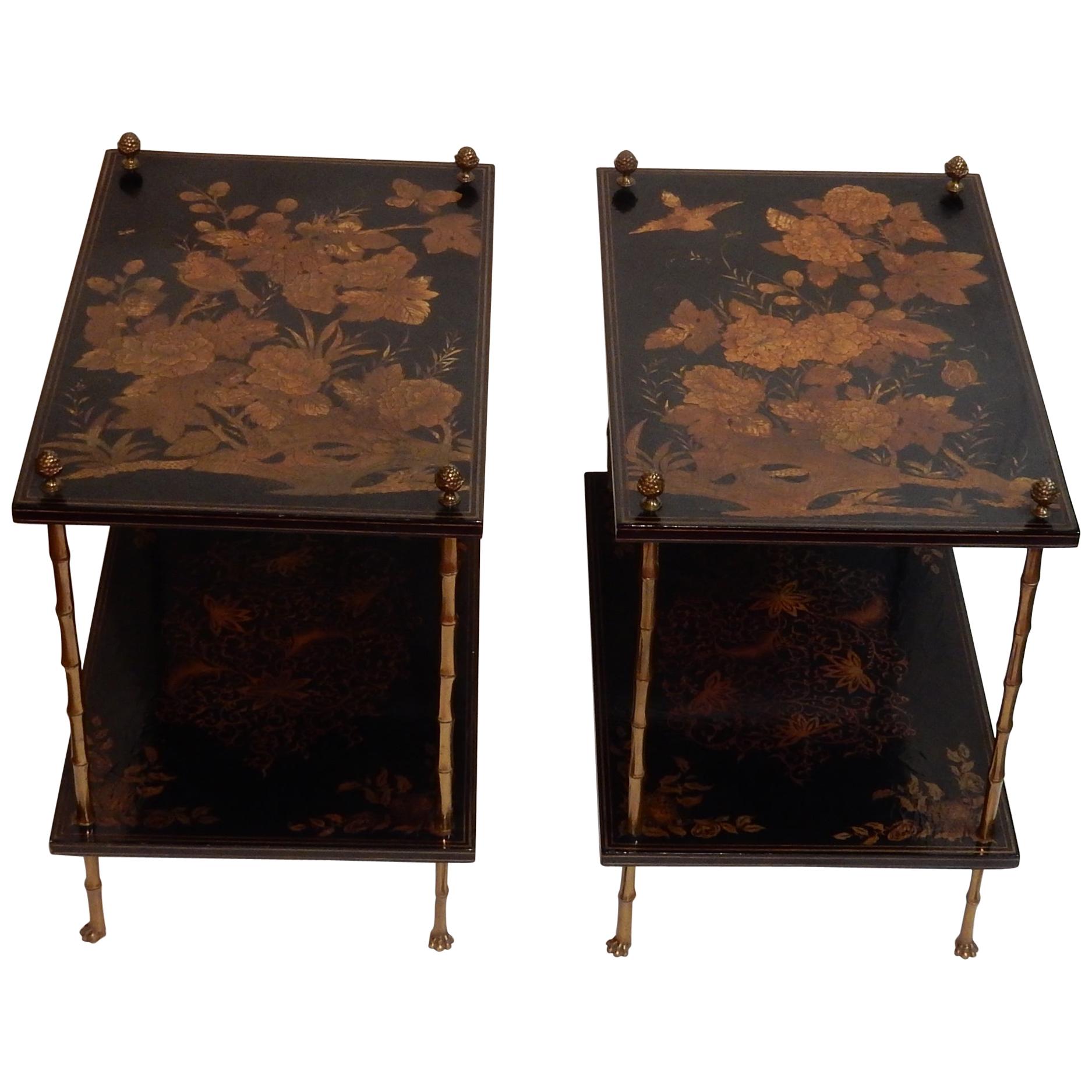 1950 Pair of Tables Style Maison Bagués Golden Bronze, Trays China Lacquer