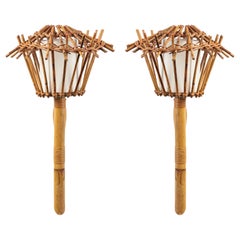 1950 Pair of Wall Lamps Torchère in Rattan Louis Sognot