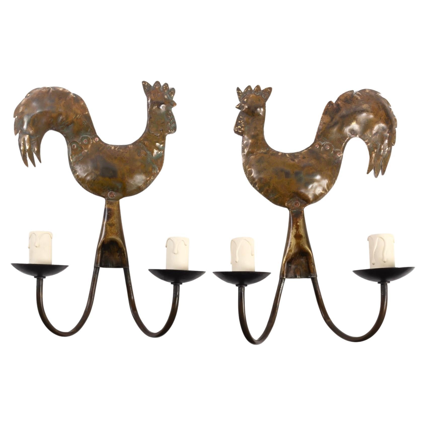 1950 Pair of wall lights "au coq" Atelier Cerenne of Vallauris For Sale