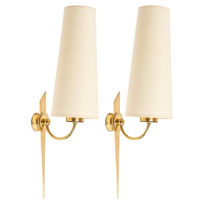 1950 Pair of Wall Lights from Maison Arlus in Gilded Bronze and Brass