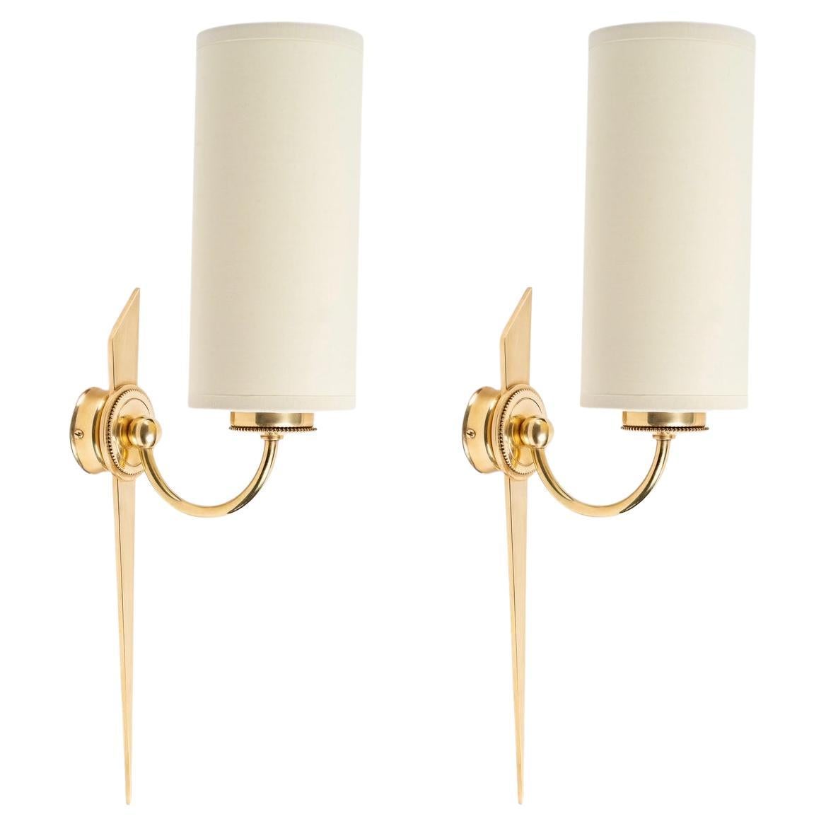 1950 Pair of Wall Lights from Maison Arlus in Gilded Bronze and Brass