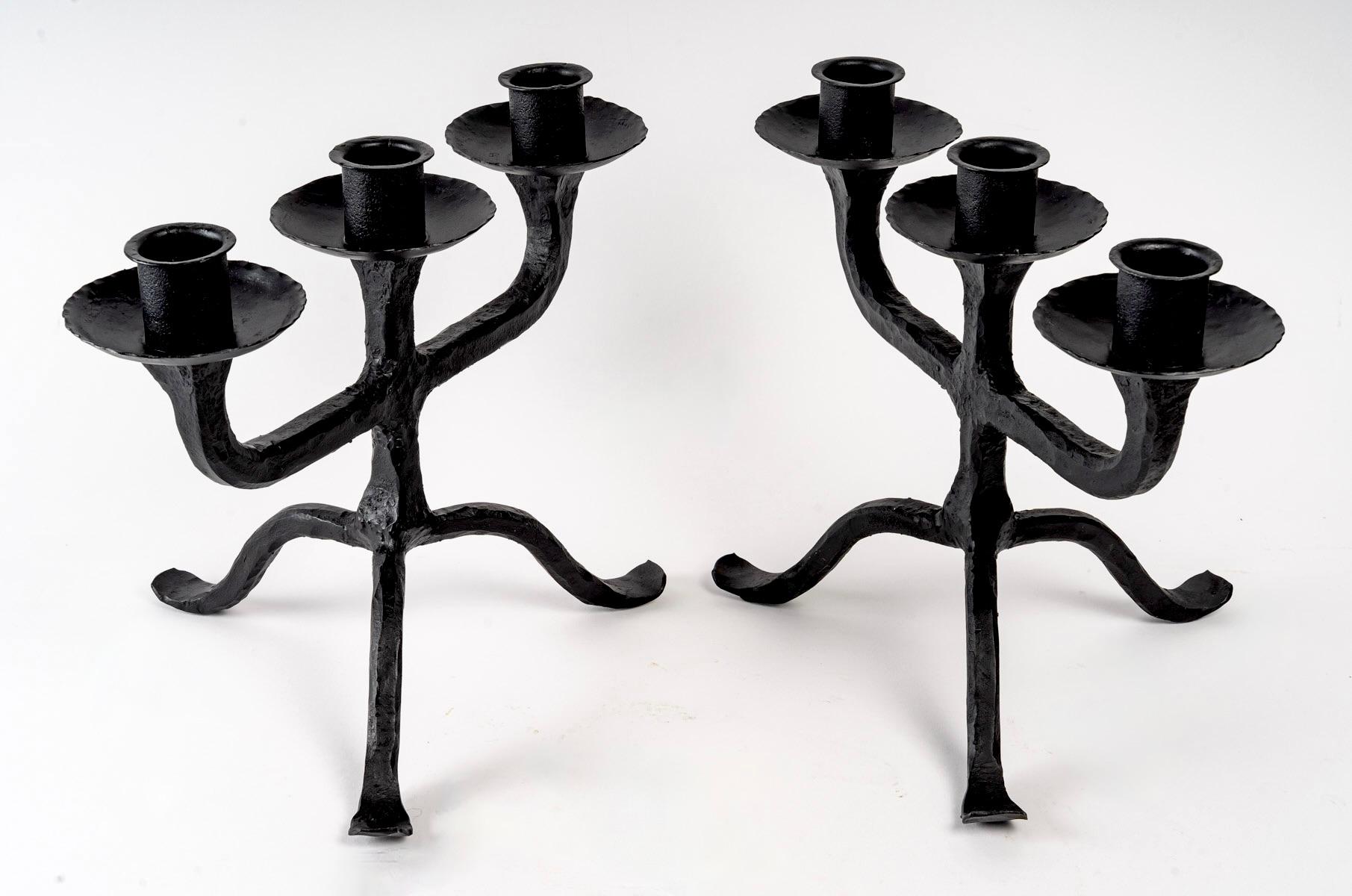 1950 Pair of wrought iron candlesticks from the Ateliers Marolles 1