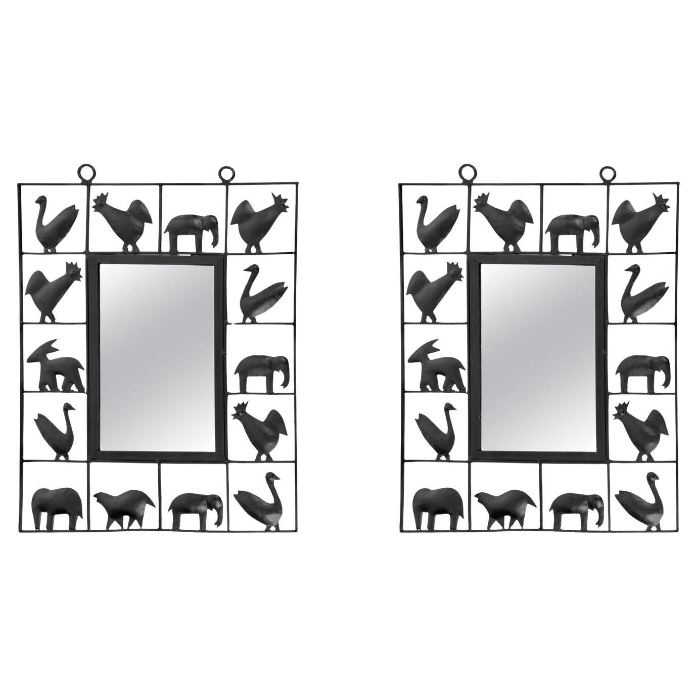 1950, Pair of wrought iron mirrors, Atelier Marolles & Jean Touret For Sale