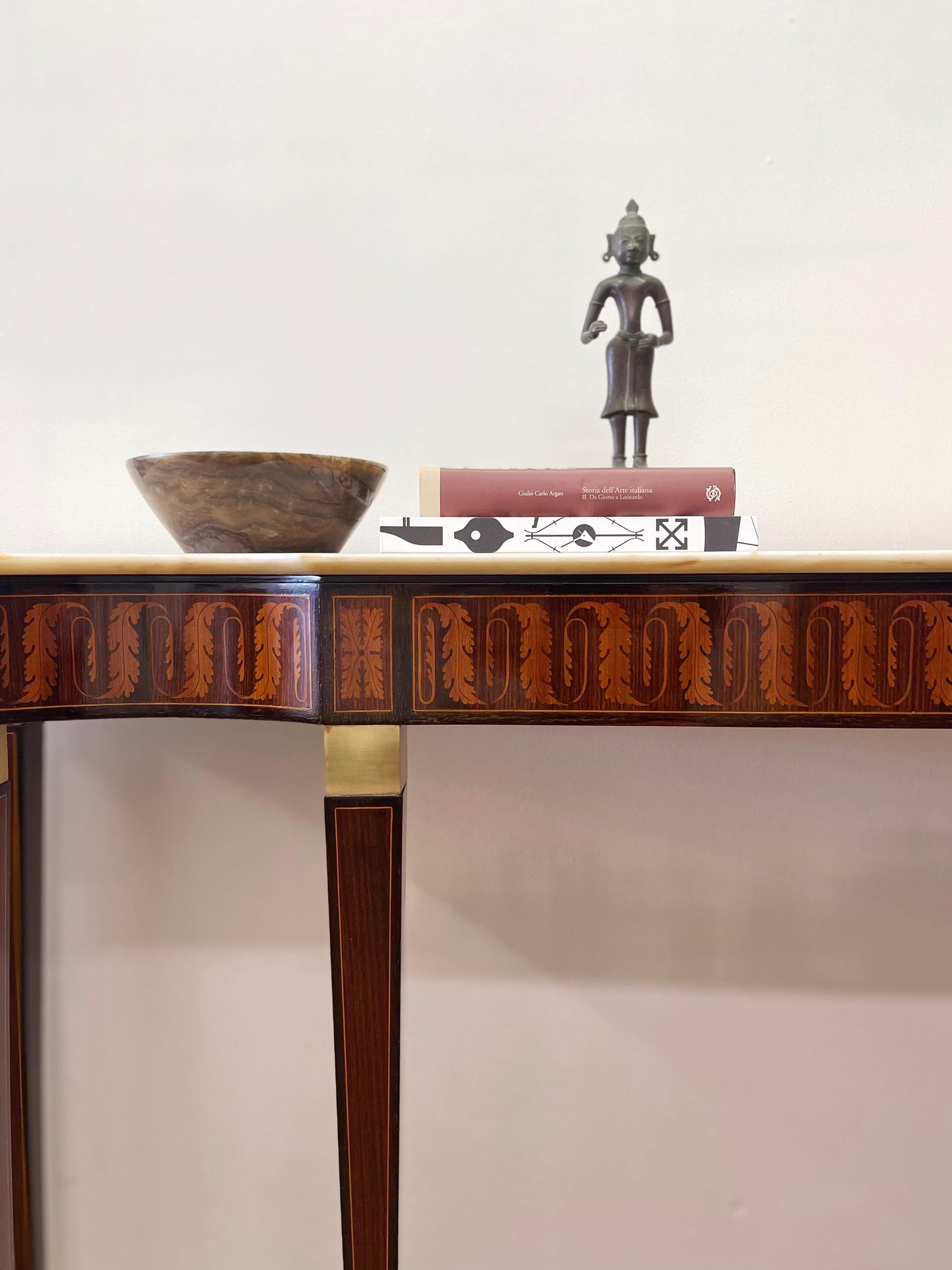 1950 Paolo Buffa Italian Mid-Century Console Table, Wood Inlay and Marble Top For Sale 9