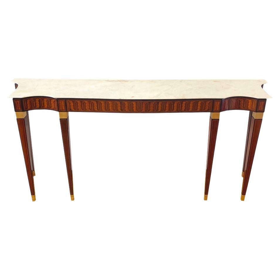 1950 Paolo Buffa Italian Mid-Century Console Table, Wood Inlay and Marble Top For Sale