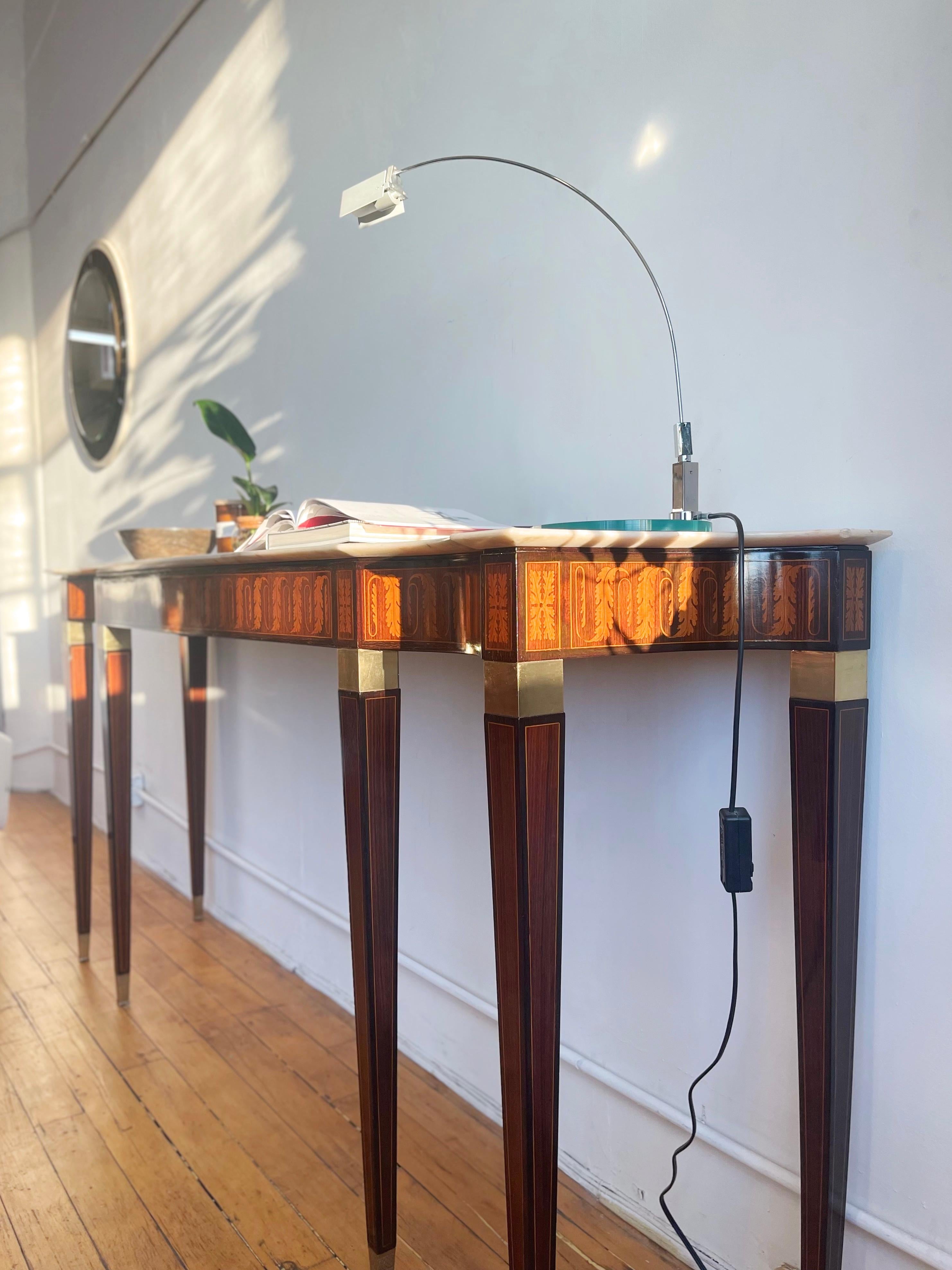 20th Century 1950 Paolo Buffa Italian Mid-Century Console Table, Wood Inlay and Marble Top For Sale