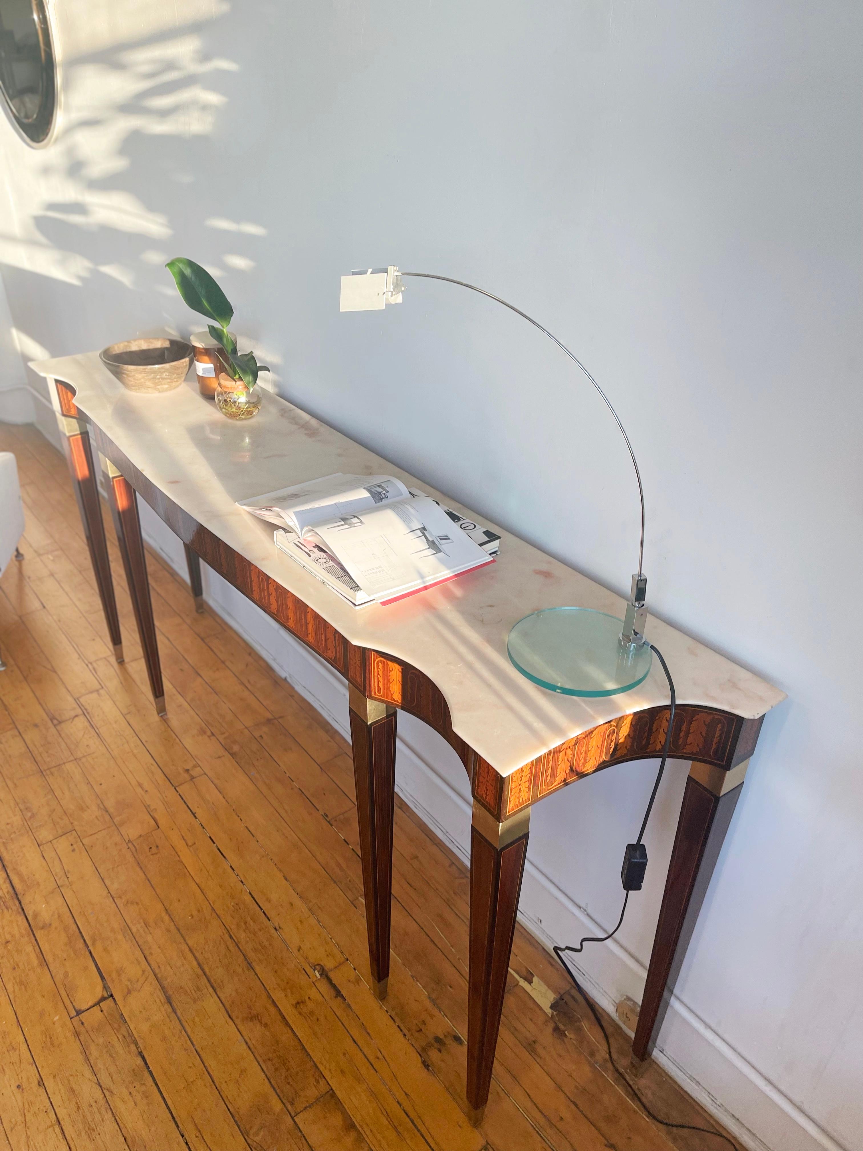 Brass 1950 Paolo Buffa Italian Mid-Century Console Table, Wood Inlay and Marble Top For Sale