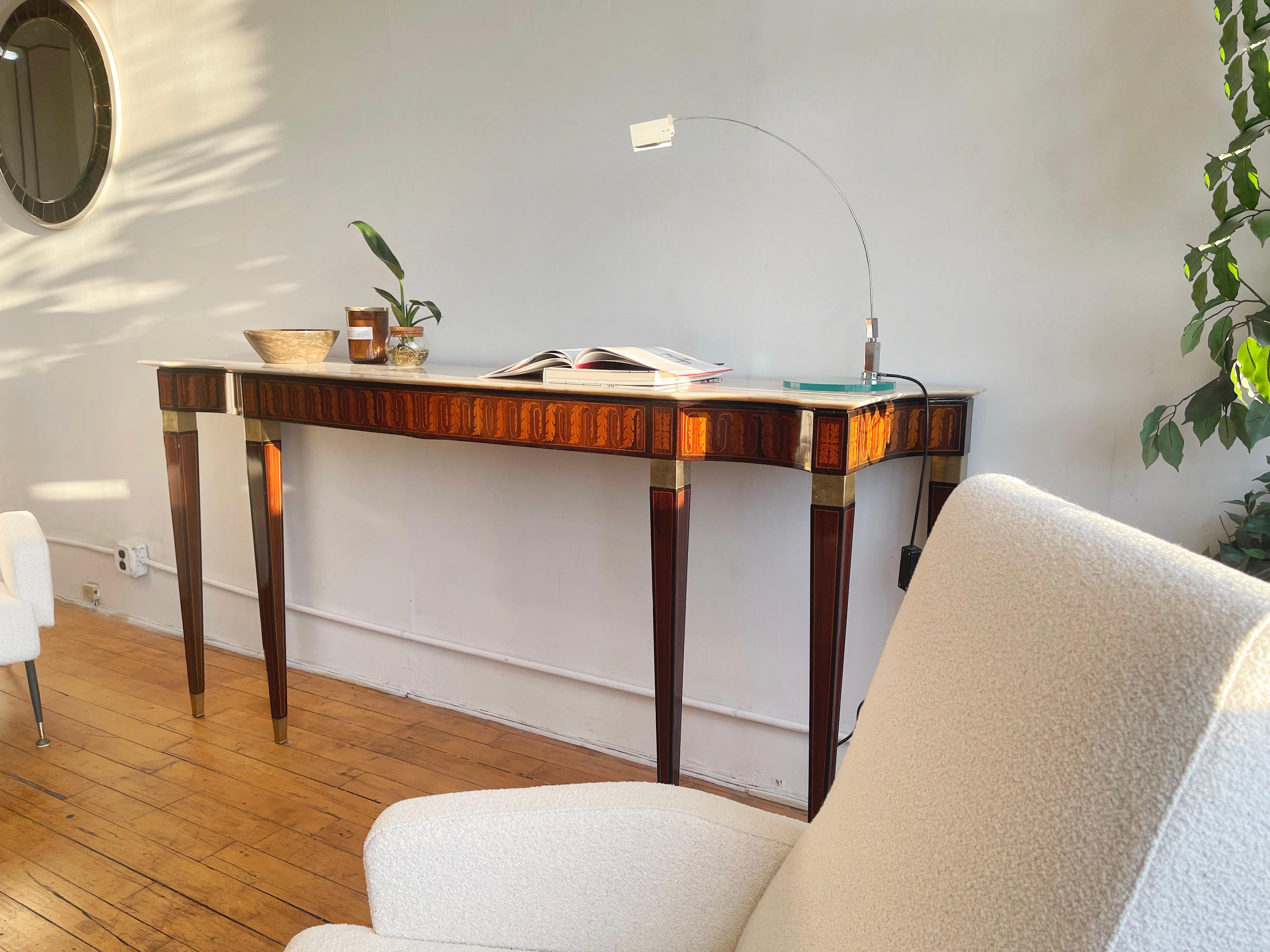 1950 Paolo Buffa Italian Mid-Century Console Table, Wood Inlay and Marble Top For Sale 2