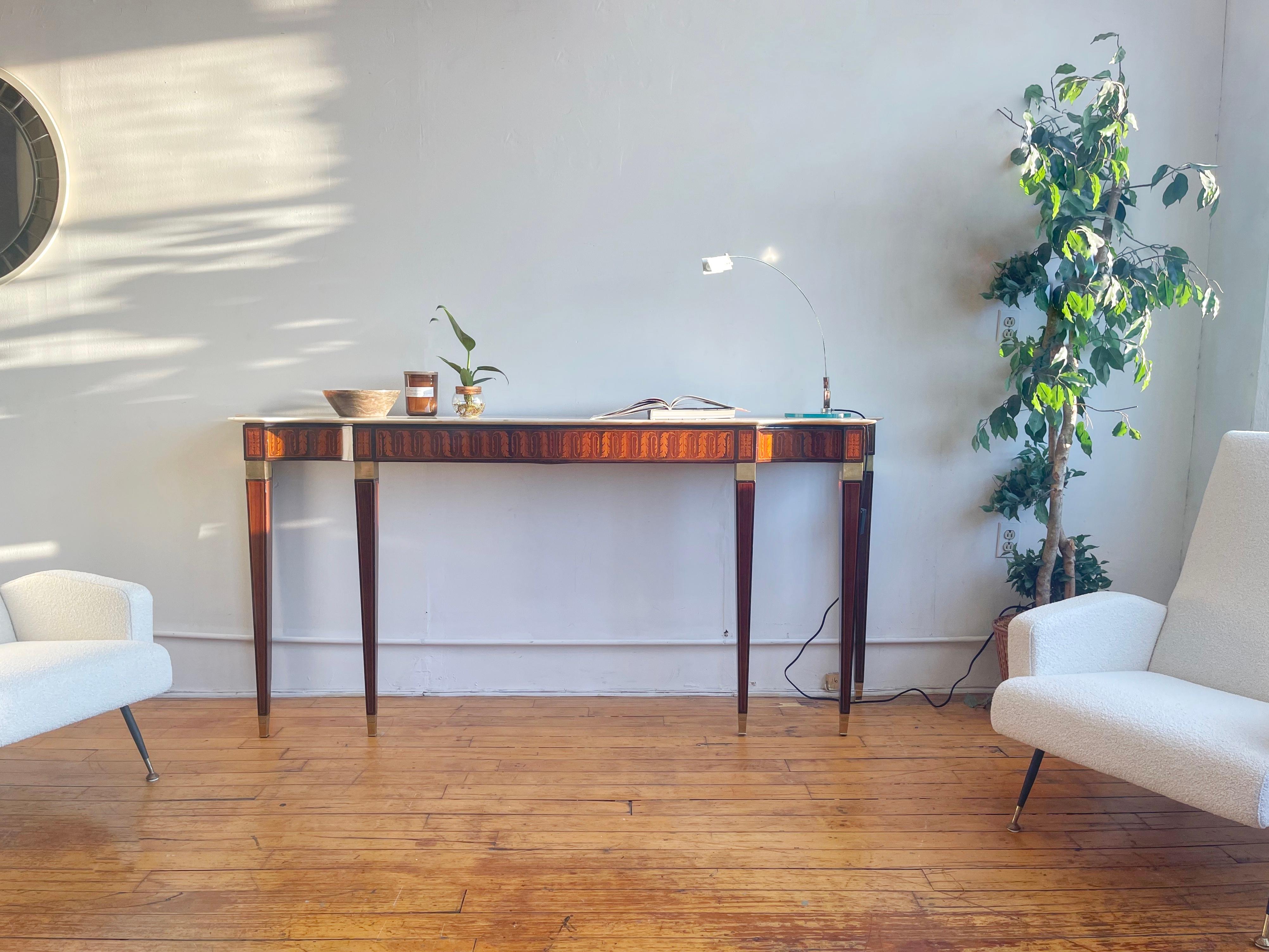 1950 Paolo Buffa Italian Mid-Century Console Table, Wood Inlay and Marble Top For Sale 3