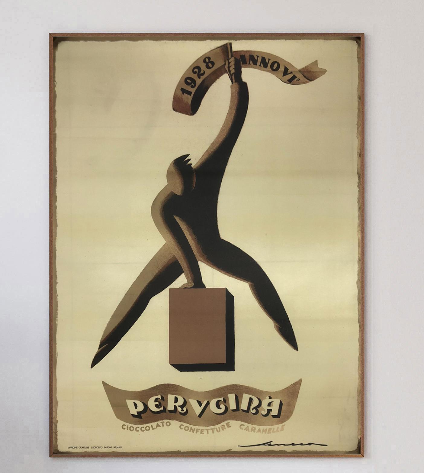 Founded in 1907 and named after the town in which it is based, Perugina is an Italian chocolate and confectionary company that continues to trade to this day.

This beautiful art deco design depicting a bent-over figure waving a flag reading 