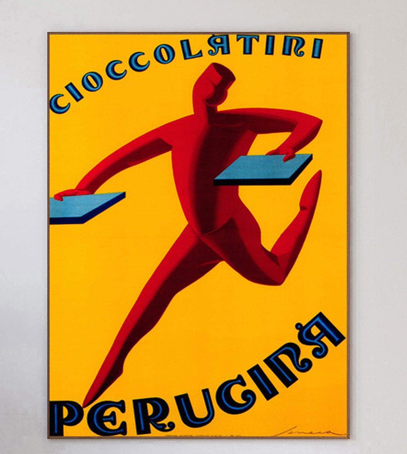 Das 1907 gegründete und nach der Stadt, in der es seinen Sitz hat, benannte Unternehmen Perugina ist ein italienischer Schokoladen- und Süßwarenhersteller, der auch heute noch tätig ist.

Dieses schöne Art-Déco-Design, das eine rennende Figur mit