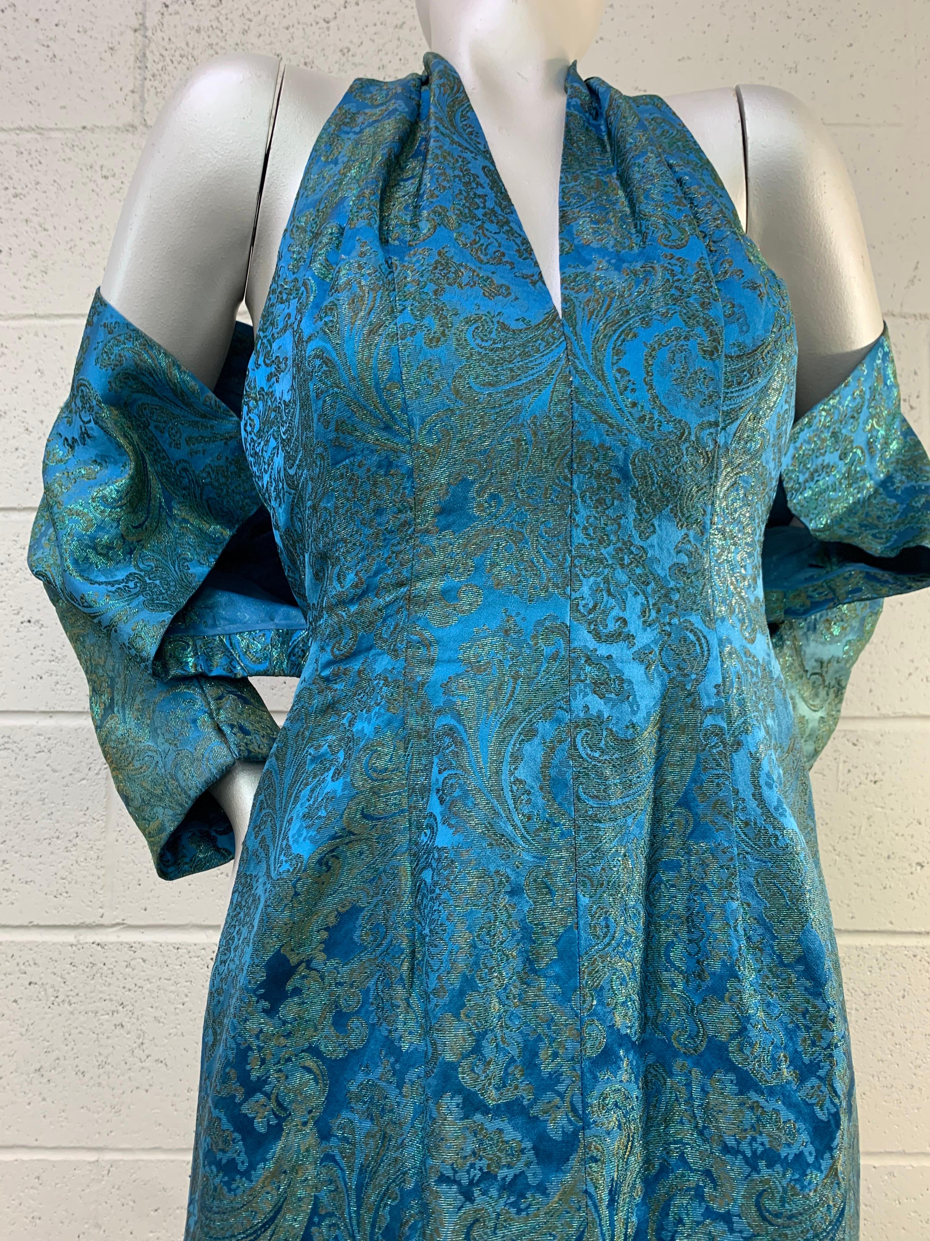 1950 Philip Hulitar Azure Silk Damask Halter Cocktail Dress & Jacket Ensemble For Sale 1