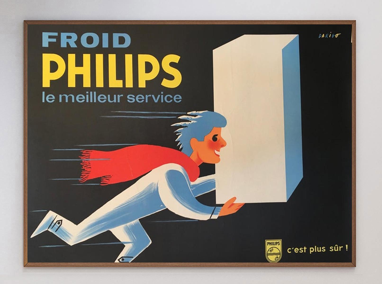 Merveilleuse et charmante affiche pour la marque d'électronique néerlandaise Philips. Fondée en 1891, Philips a été l'une des plus grandes marques d'électronique au Royaume-Uni et poursuit ses activités aujourd'hui, en se concentrant sur les