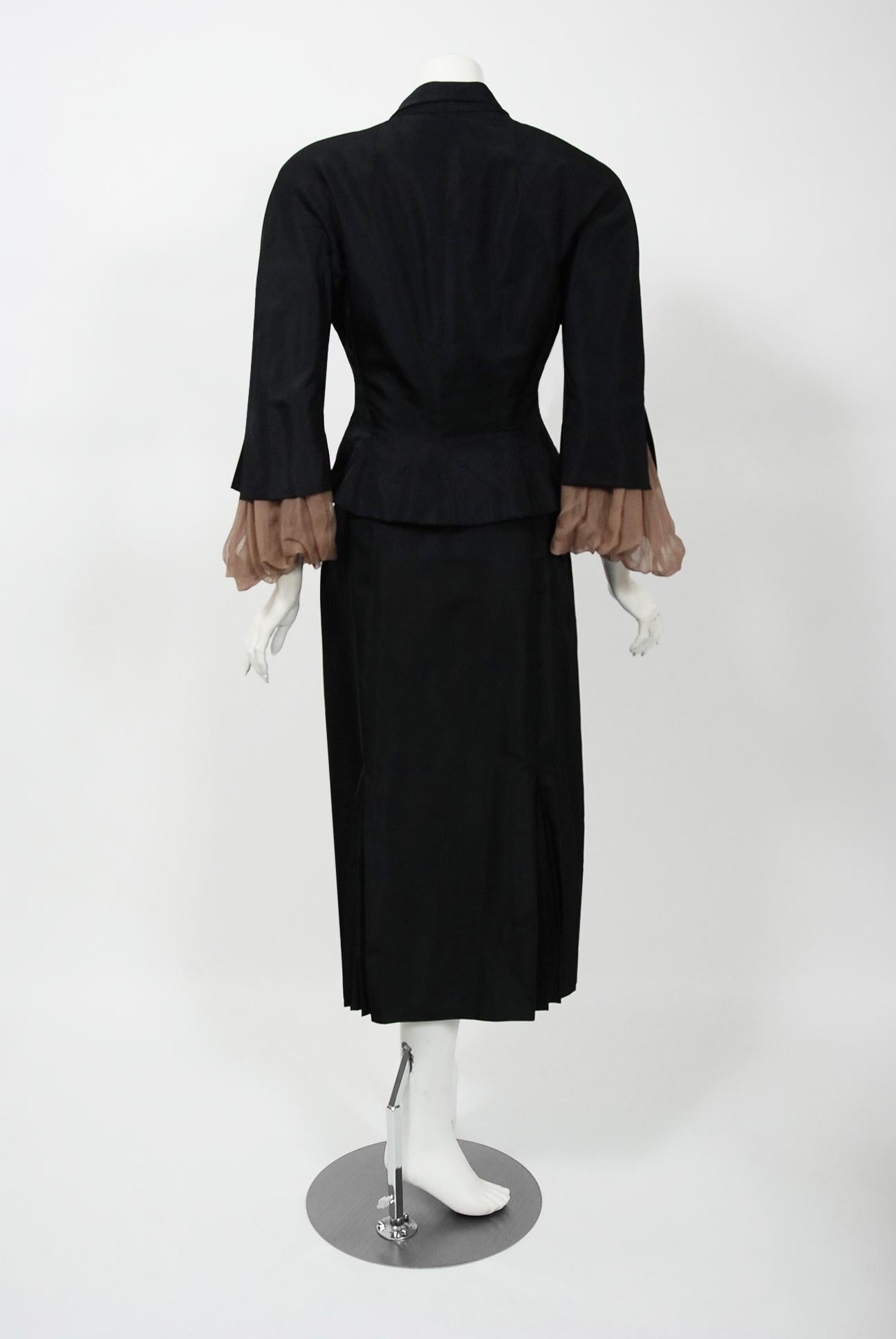 Vintage 1950s Pierre Balmain Black and Nude Silk Dress w/ Billow-Sleeve Jacket  3