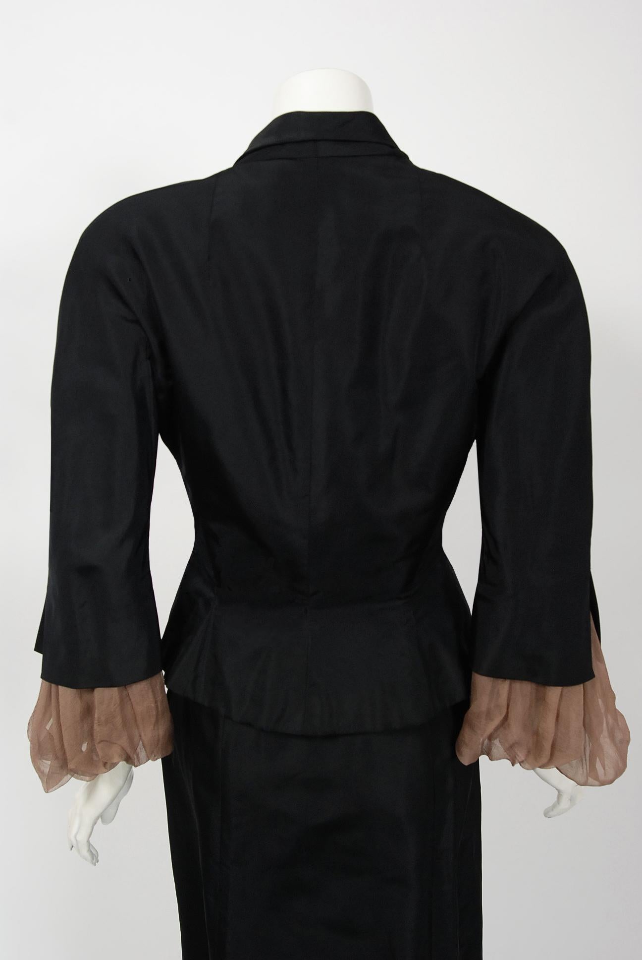 Vintage 1950s Pierre Balmain Black and Nude Silk Dress w/ Billow-Sleeve Jacket  4