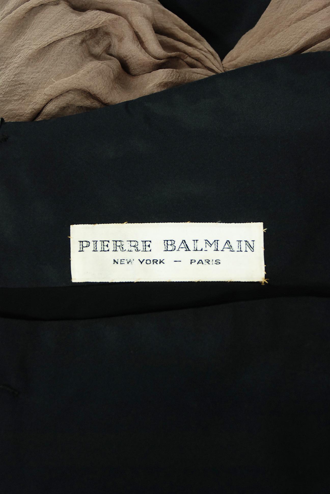 Vintage 1950s Pierre Balmain Black and Nude Silk Dress w/ Billow-Sleeve Jacket  5