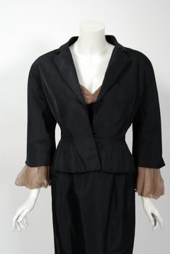 Vintage 1950s Pierre Balmain Black and Nude Silk Dress w/ Billow-Sleeve Jacket
