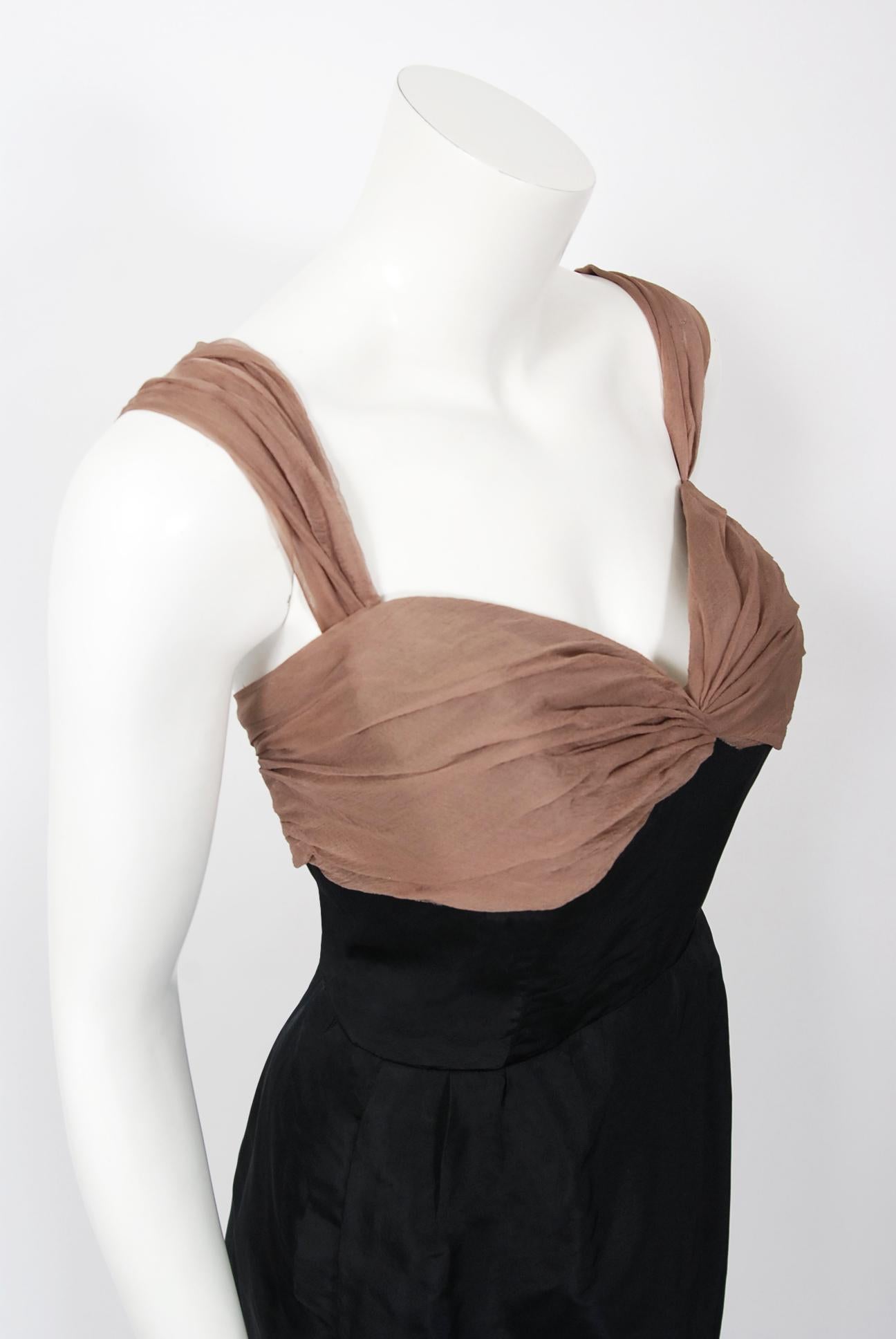 Vintage 1950s Pierre Balmain Black and Nude Silk Dress w/ Billow-Sleeve Jacket  In Good Condition In Beverly Hills, CA