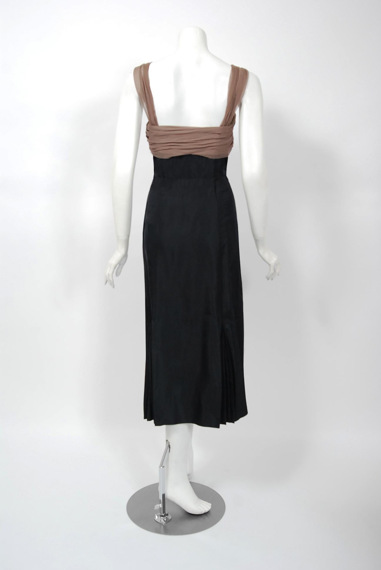 Vintage 1950s Pierre Balmain Black and Nude Silk Dress w/ Billow-Sleeve Jacket  1