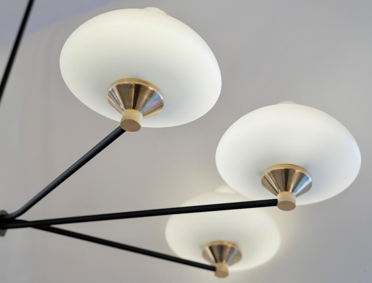 
Composto da un gambo centrale rotondo in ferro nero, sul quale sono posizionati sei lunghi gambi nella parte inferiore, distribuiti intorno alla circonferenza del gambo centrale e decorati con un fermaglio in ottone dorato.
Alle loro estremità, i