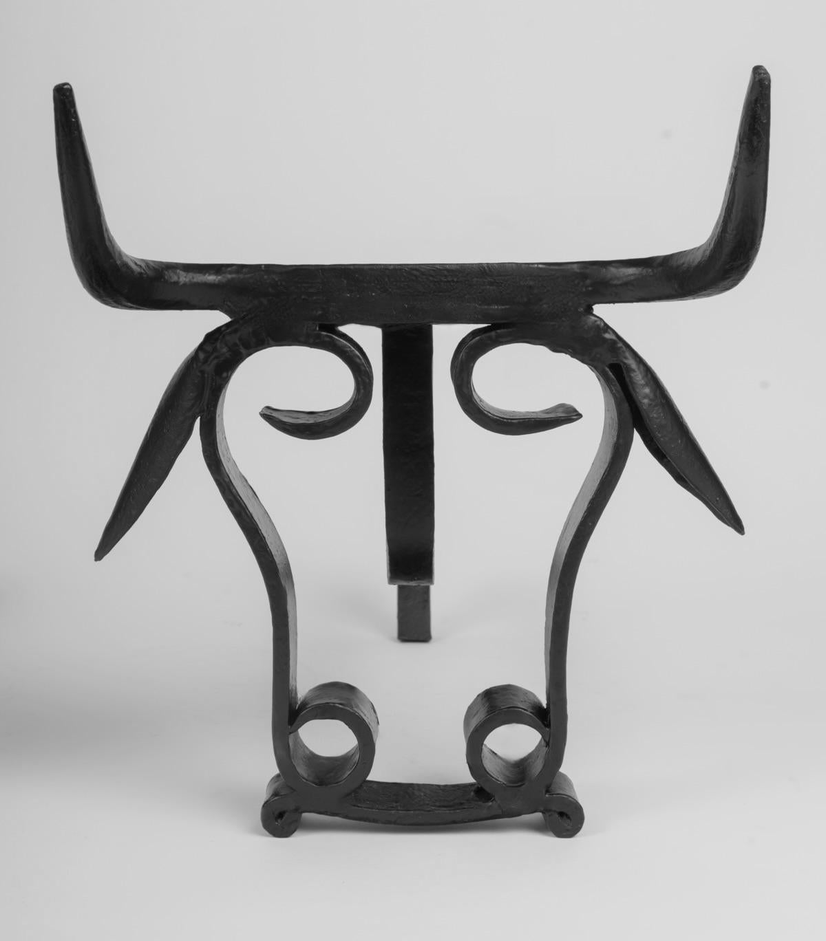 French 1950 Rare pair of wrought iron bull's head andirons, Vallauris workshops For Sale