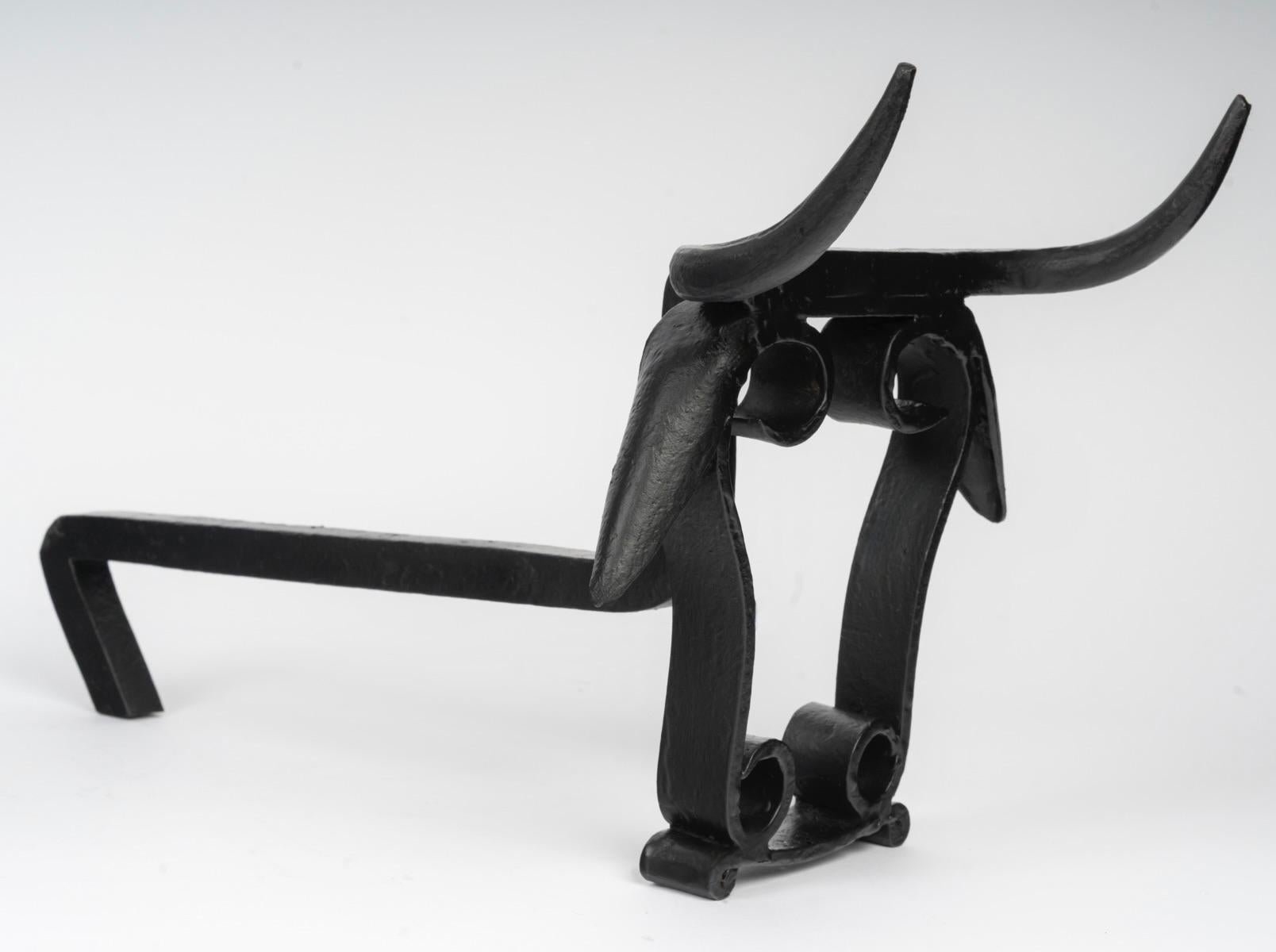 Mid-20th Century 1950 Rare pair of wrought iron bull's head andirons, Vallauris workshops For Sale