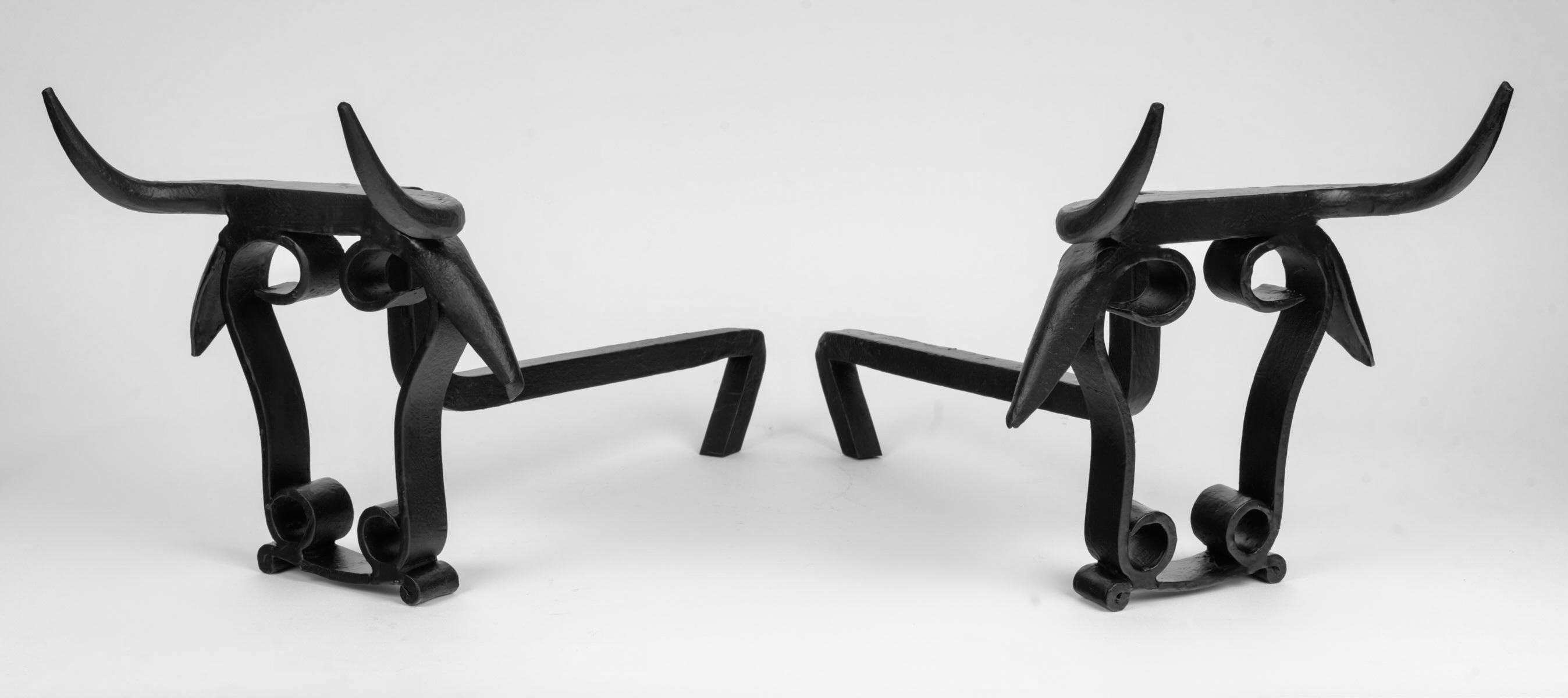 Wrought Iron 1950 Rare pair of wrought iron bull's head andirons, Vallauris workshops For Sale