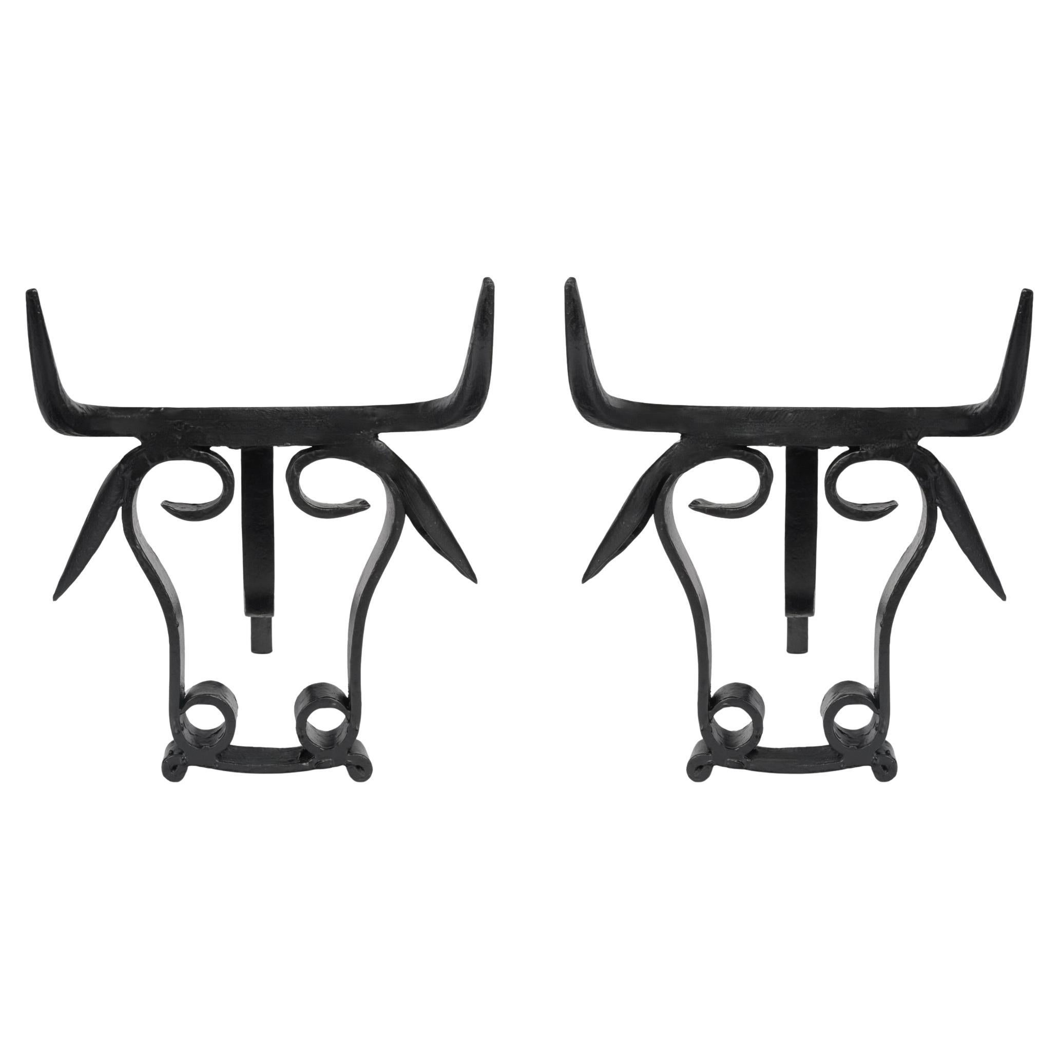 1950 Rare pair of wrought iron bull
s head andirons, Vallauris workshops For Sale