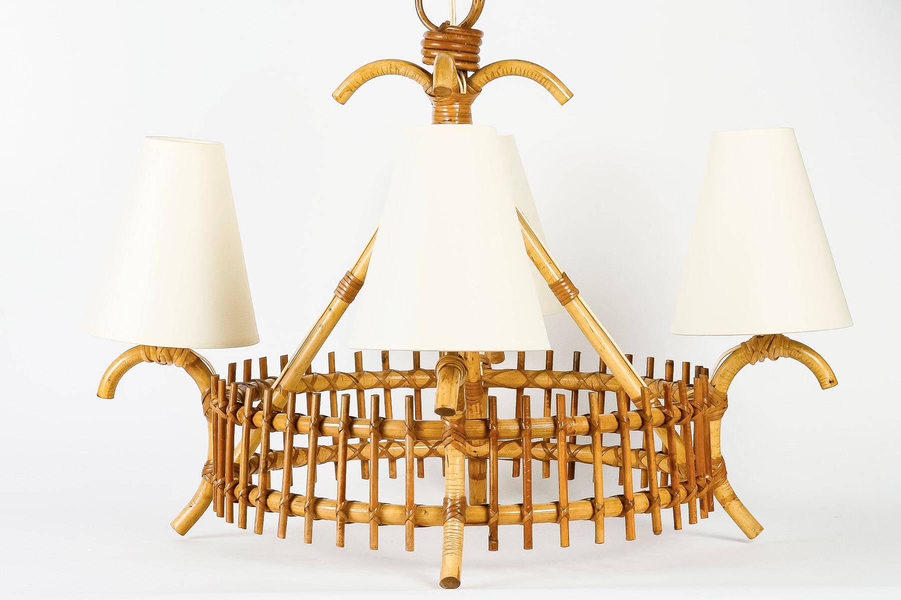 1950 Rattan chandelier by Louis Sognot In Good Condition For Sale In Saint-Ouen, FR