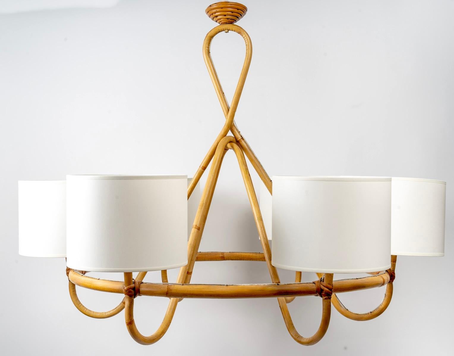Mid-20th Century 1950 Rattan Chandelier by Louis Sognot