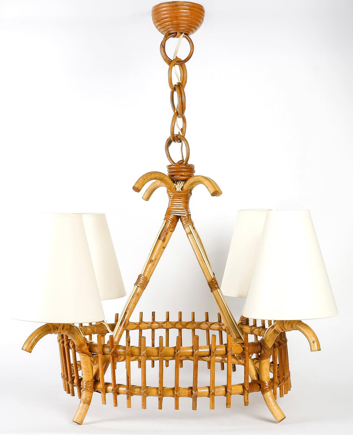 Mid-20th Century 1950 Rattan chandelier by Louis Sognot For Sale