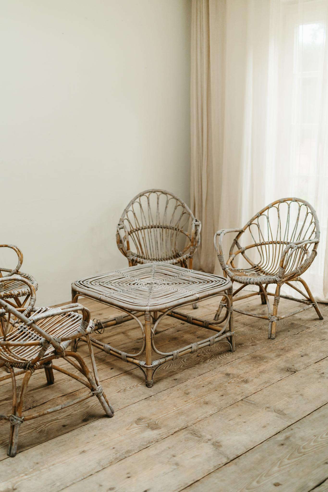 1950 set da giardino in rattan 4 sedie e 1 tavolo in vendita 5