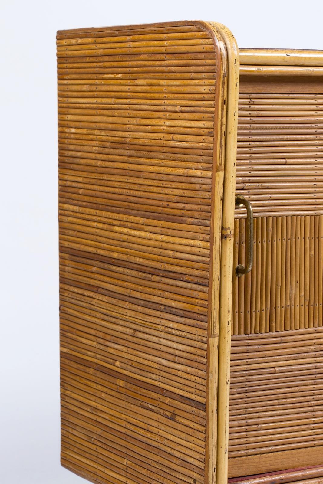 1950 Rattan Sideboard with Two Sliding Doors Adorned with Roger Capron Tiles In Good Condition In Paris, FR