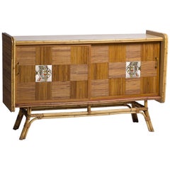 1950 Rattan Sideboard with Two Sliding Doors Adorned with Roger Capron Tiles