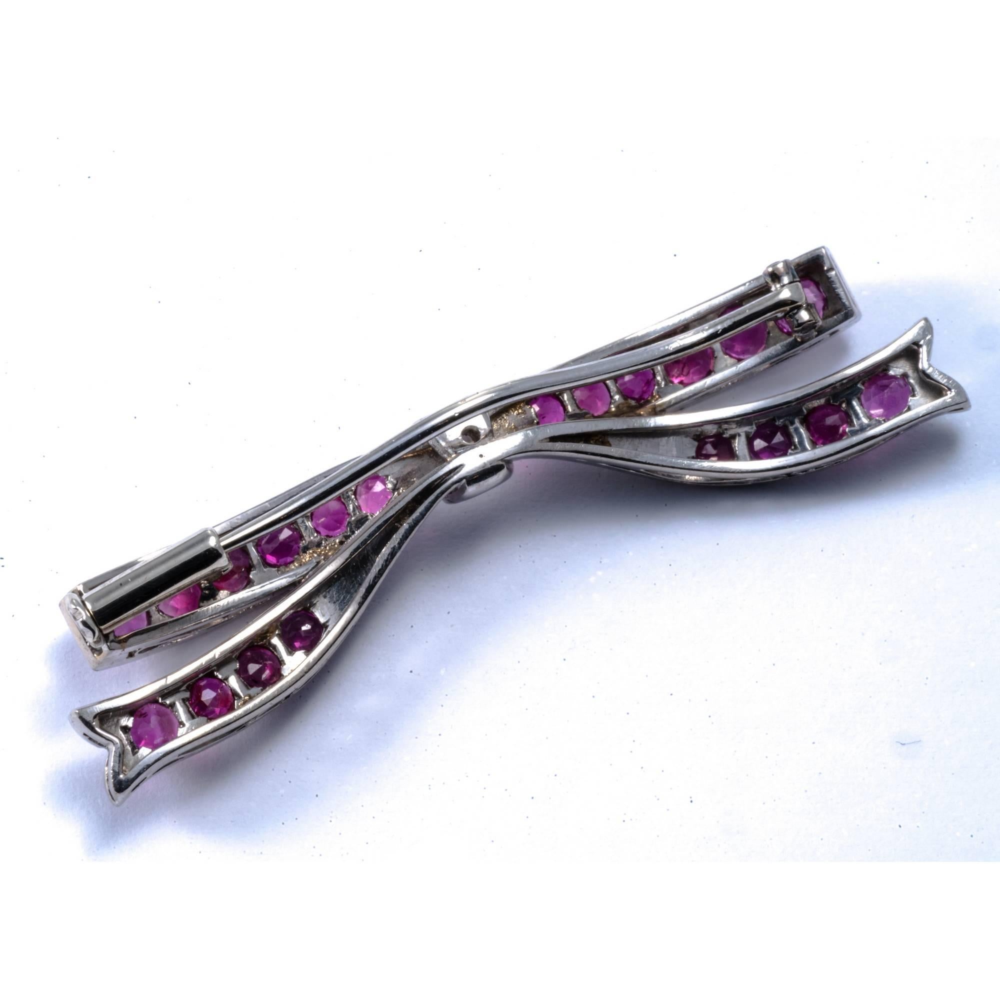 1950 Ribbon Ruby Diamond Platinum Pin Brooch Necklace Enhancer For Sale 1
