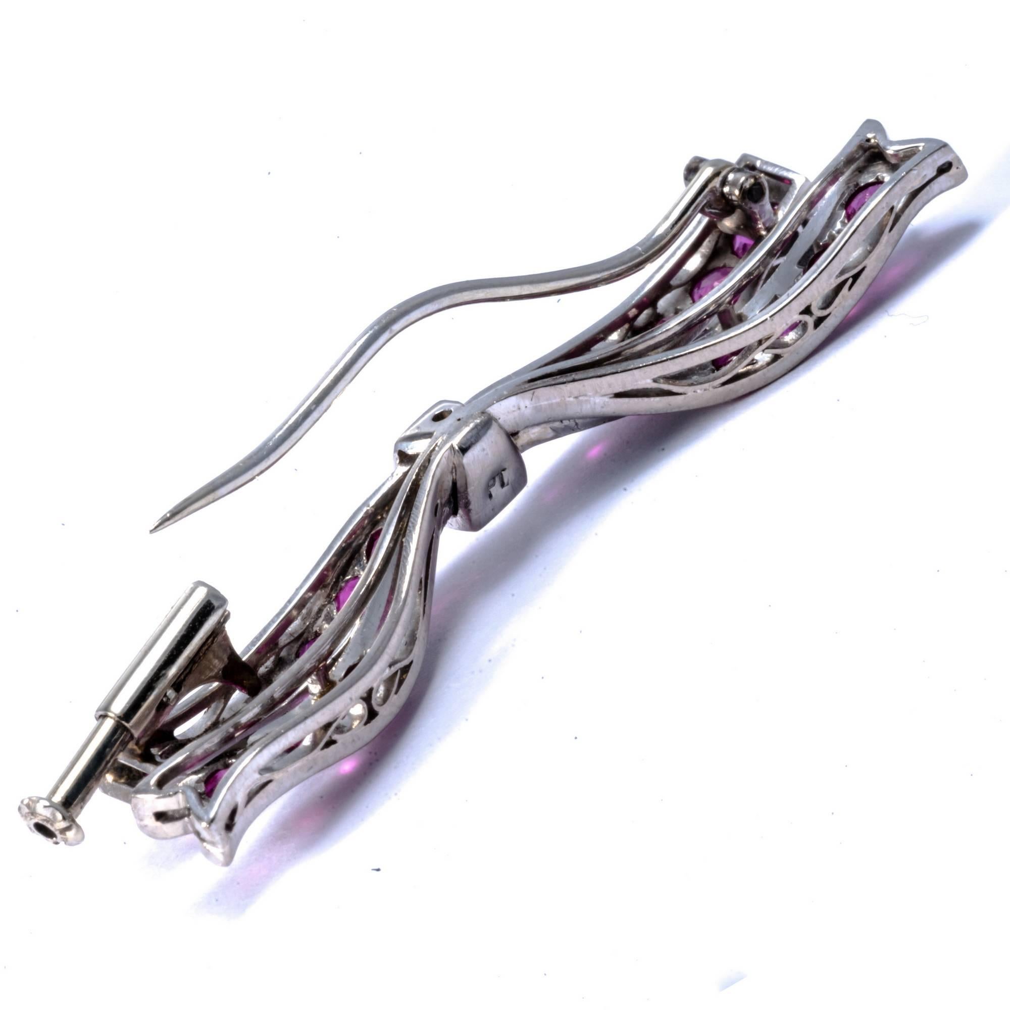 1950 Ribbon Ruby Diamond Platinum Pin Brooch Necklace Enhancer For Sale 2