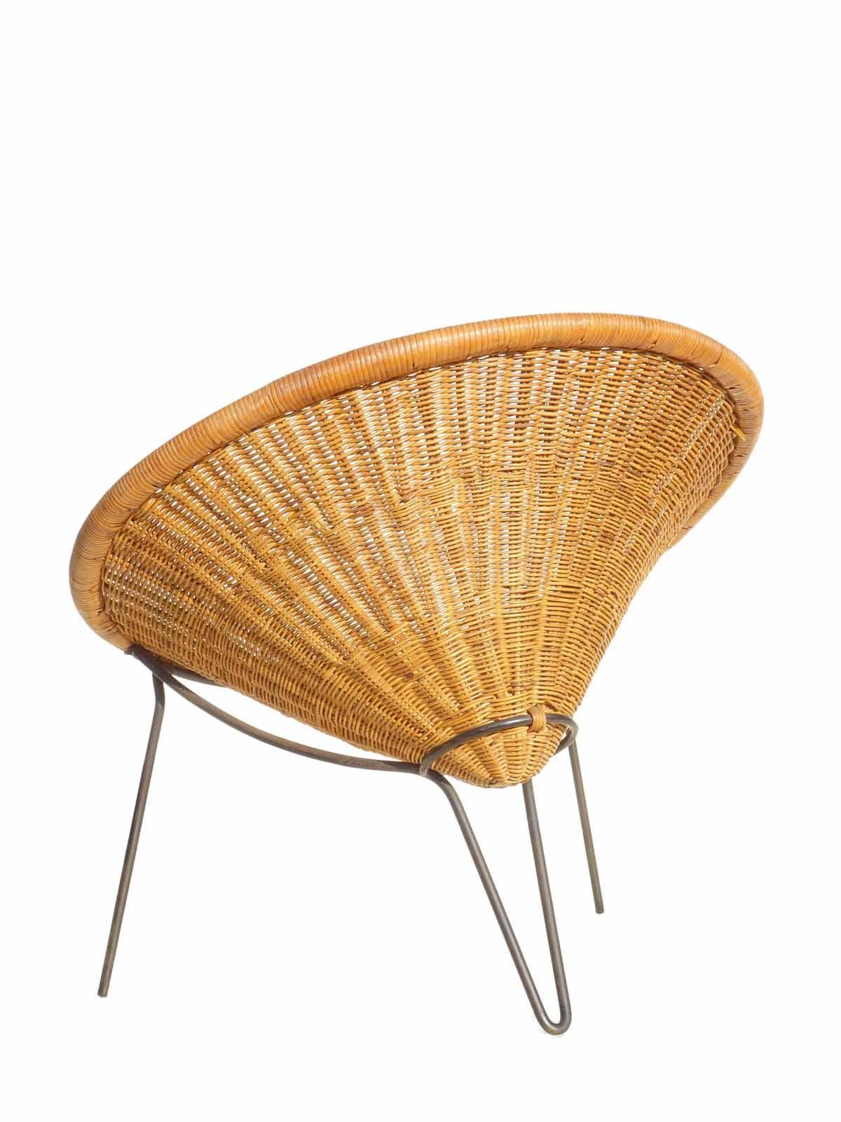 Mid-Century Modern 1950 Roberto Mango Italian Design Midcentury Rattan Wicker Armchair Lounge Chair