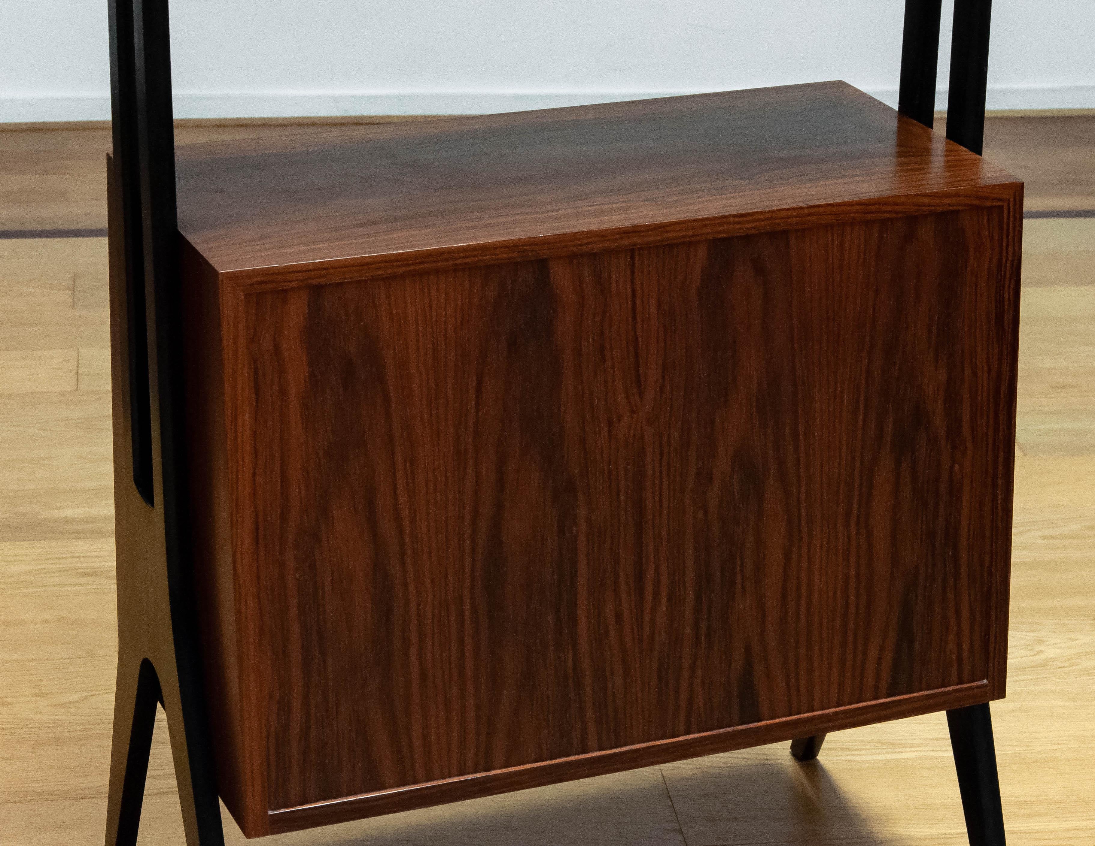 Beech 1950 Rosewood Bookcase Room Divider With Black Lacquered Stands By Treman Sweden