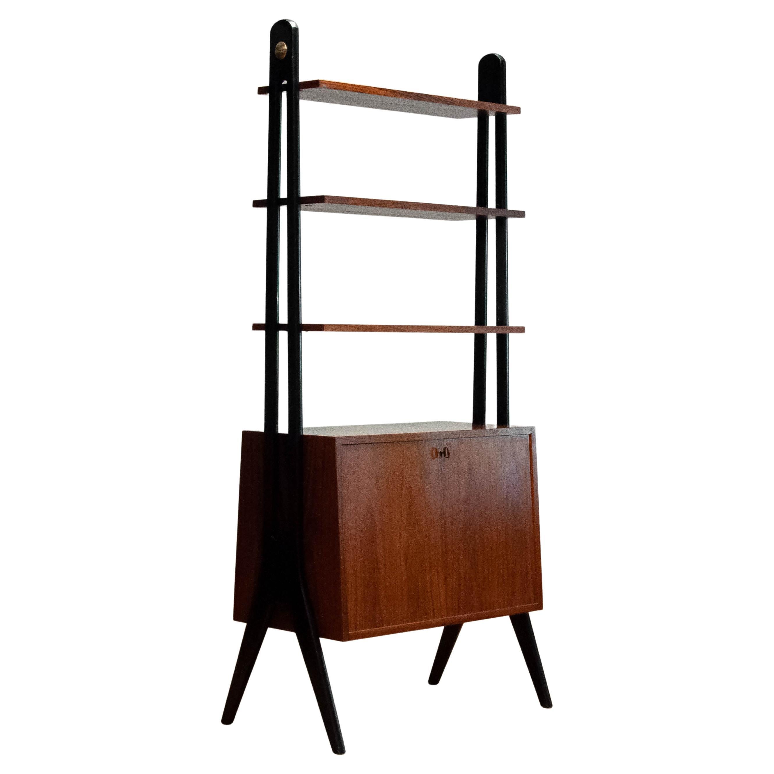 1950 Rosewood Bookcase Room Divider With Black Lacquered Stands By Treman Sweden