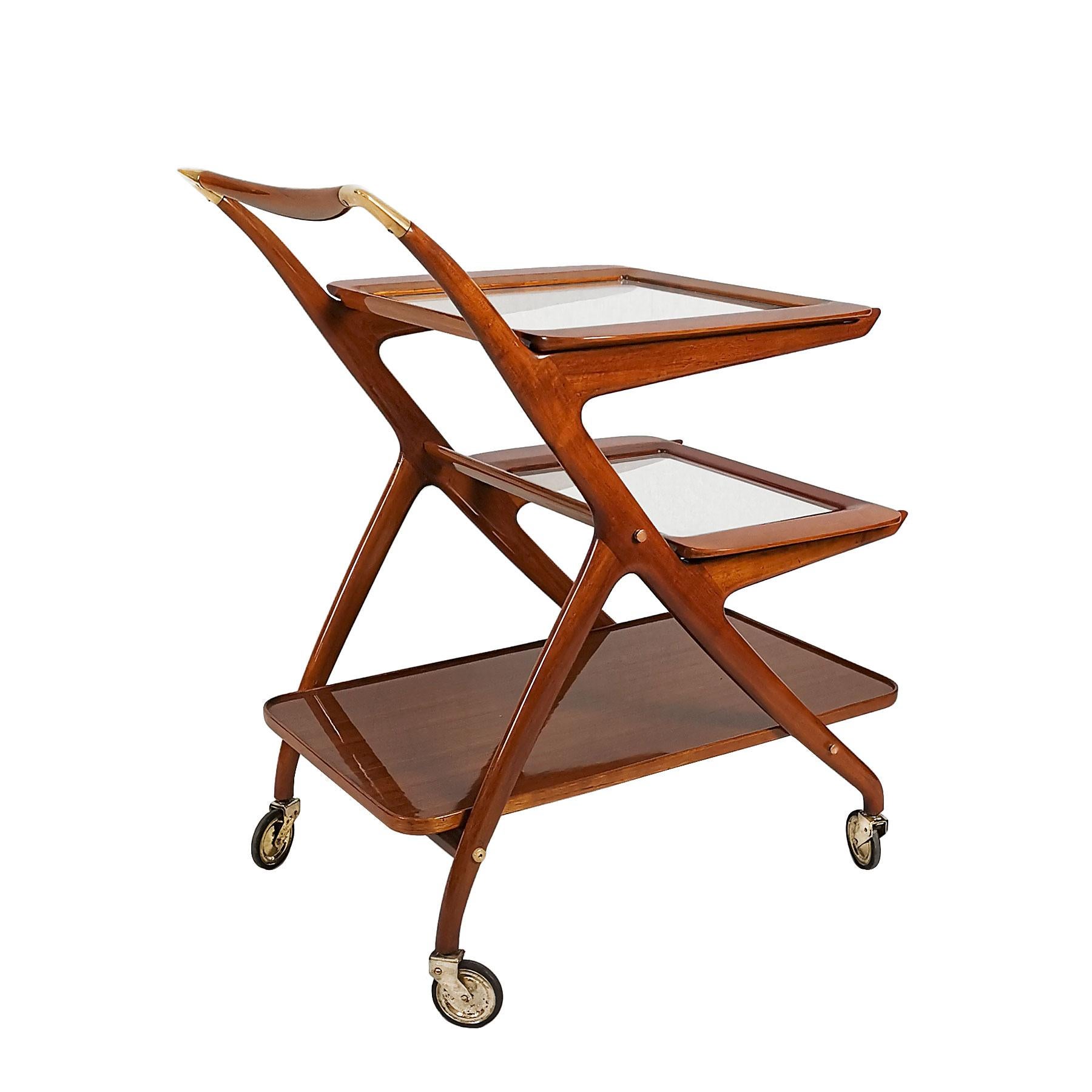 1950s Bar Cart by Cesare Lacca, Walnut, Removable Trays, Brass, Italy 1