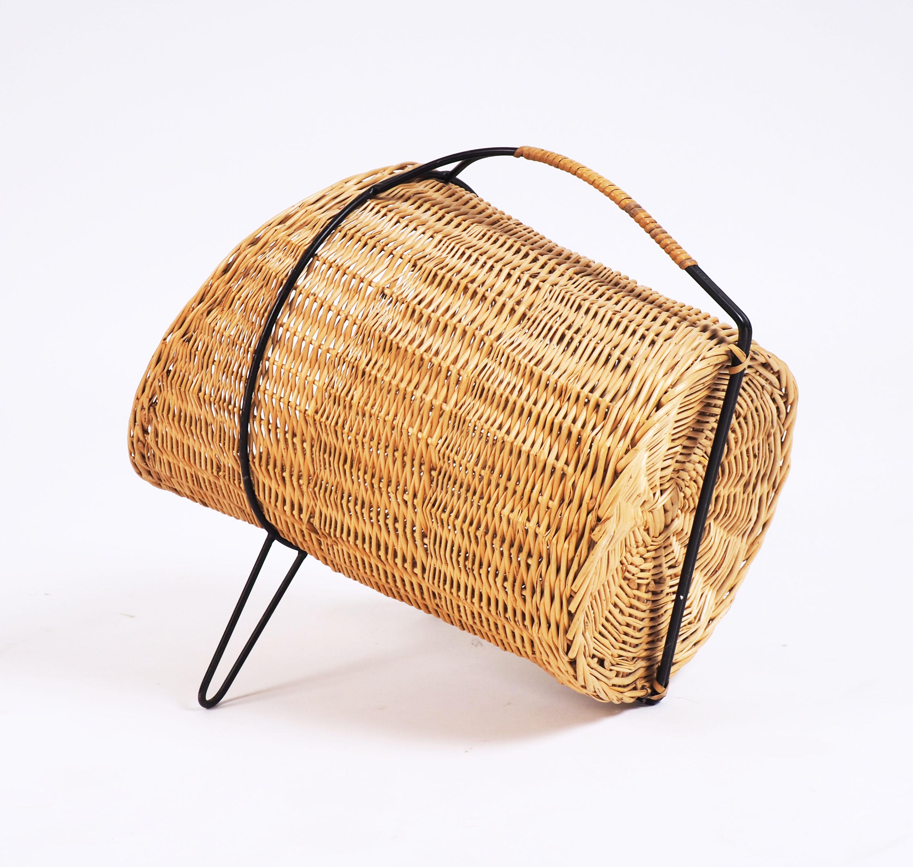 Scandinavian Modern 1950s Basket for Firewood or Magazines in Metal and Rattan from Sweden