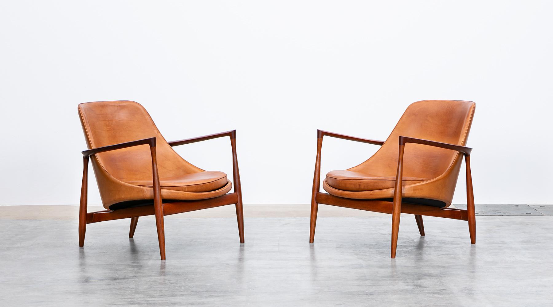 Mid-Century Modern 1950's Brown Wooden and Leather Pair of Lounge Chairs by Ib Kofod-Larsen