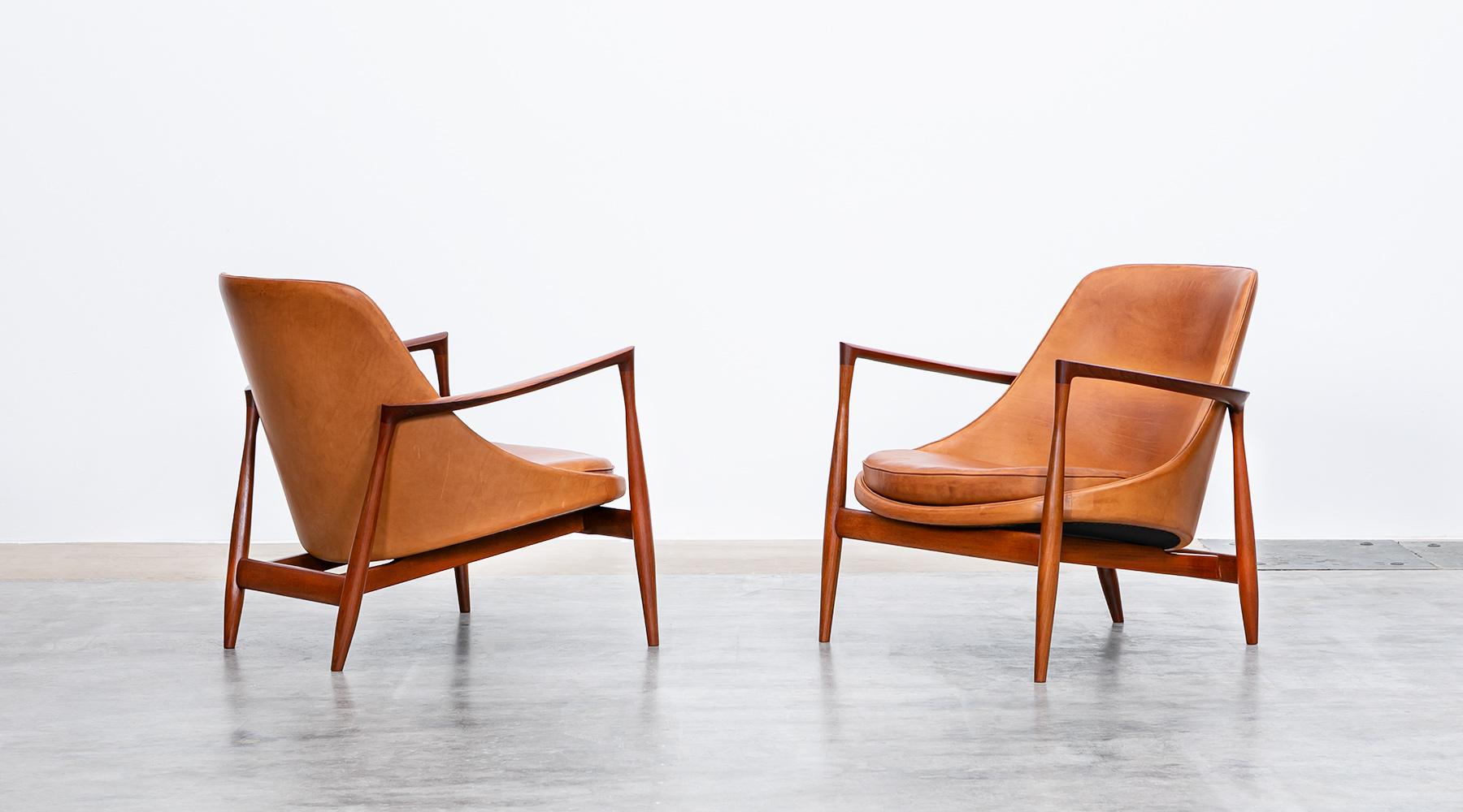 Danish 1950's Brown Wooden and Leather Pair of Lounge Chairs by Ib Kofod-Larsen