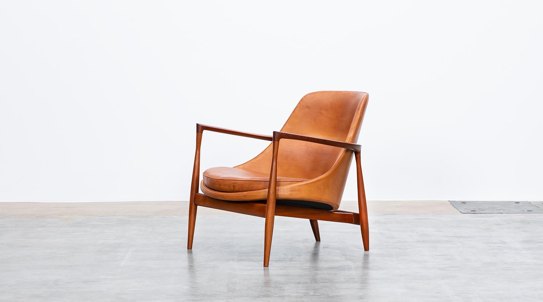 1950's Brown Wooden and Leather Pair of Lounge Chairs by Ib Kofod-Larsen 1