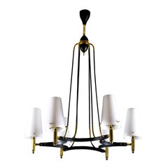 1950s Chandelier 6 Lights, Steel Structure, Opaline Lampshades, Brass, Italy